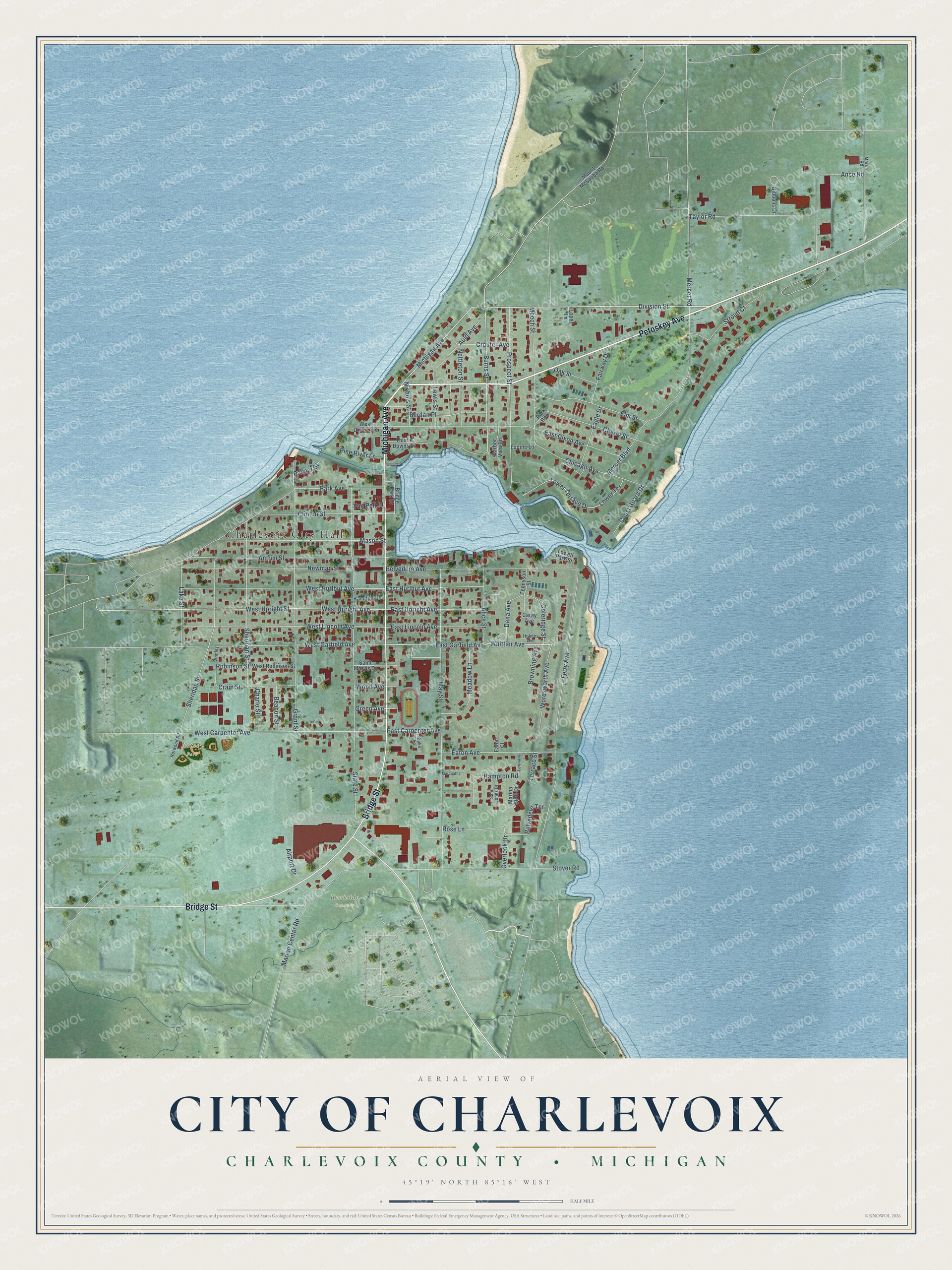 Full map of Charlevoix, Michigan, with red buildings, printed street names and the land around them