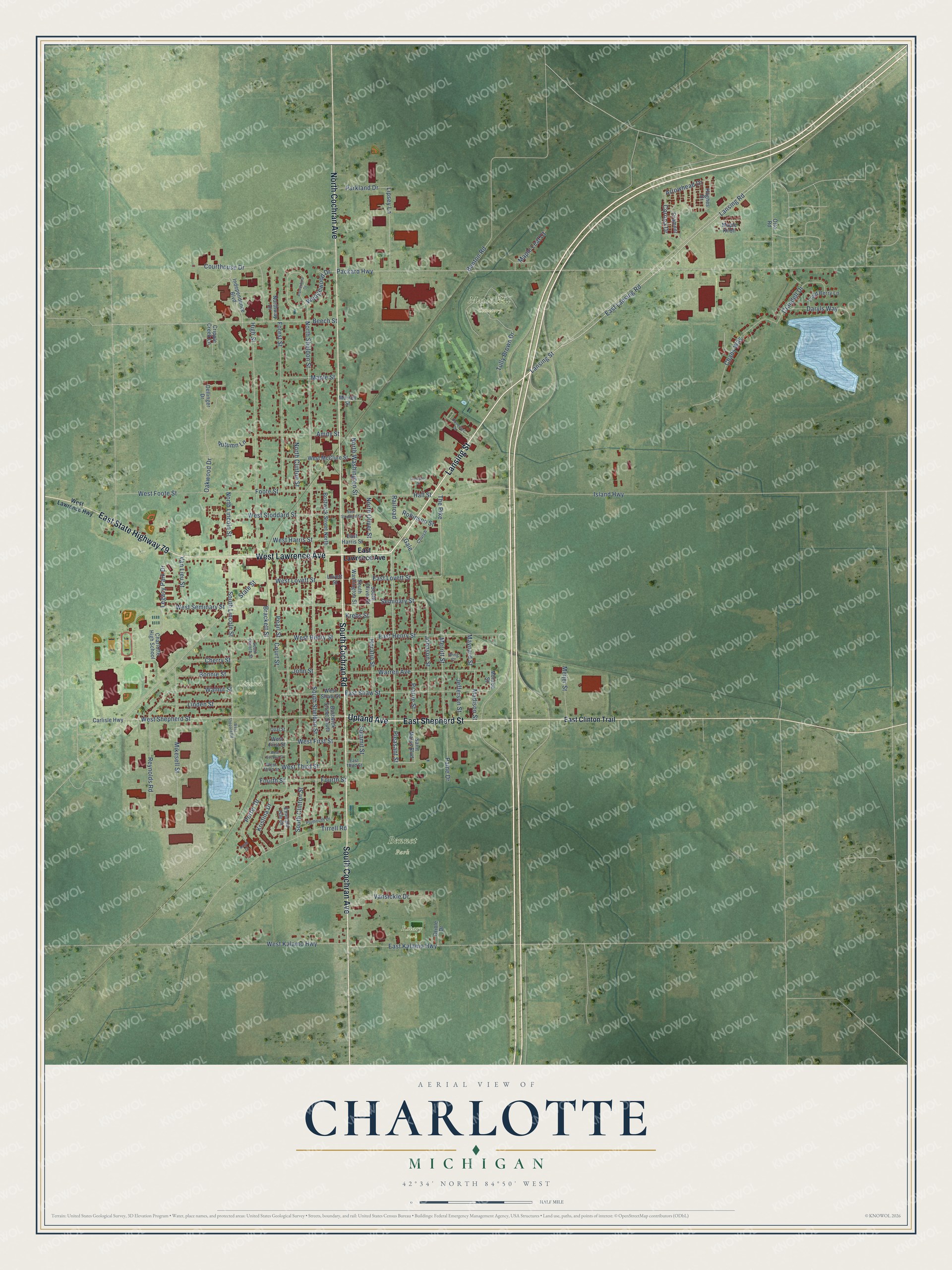 Full map of Charlotte, Michigan, with red buildings, printed street names and the land around them
