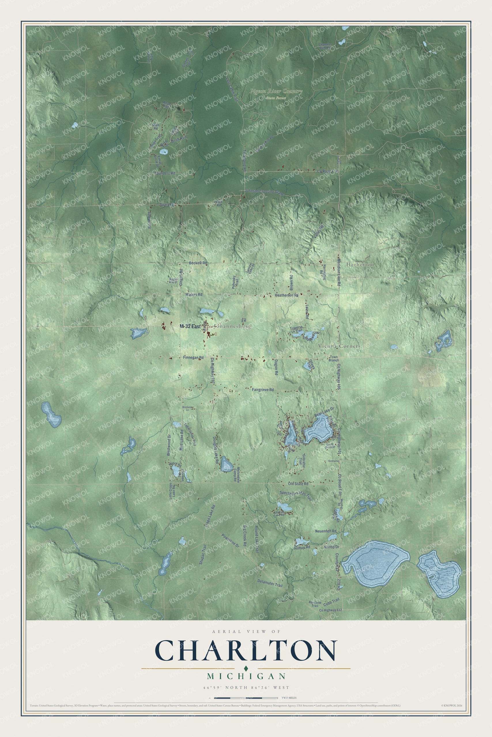 Full map of Charlton, Michigan, with red buildings, printed street names and the land around them