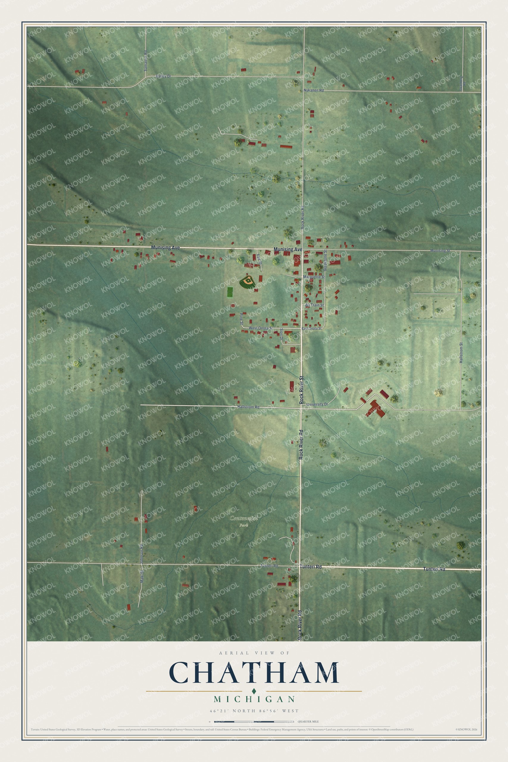Full map of Chatham, Michigan, with red buildings, printed street names and the land around them