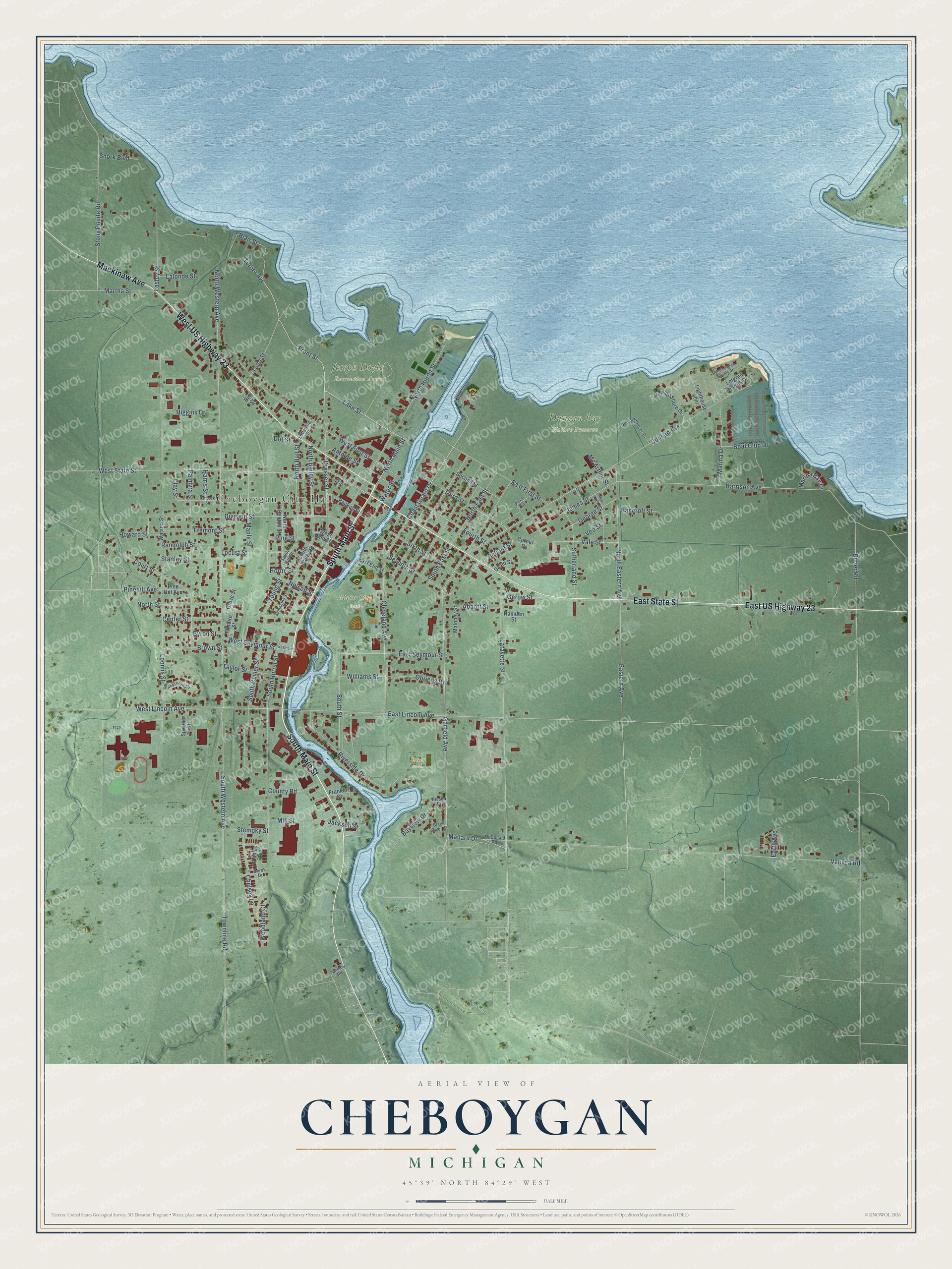Full map of Cheboygan, Michigan, with red buildings, printed street names and the land around them