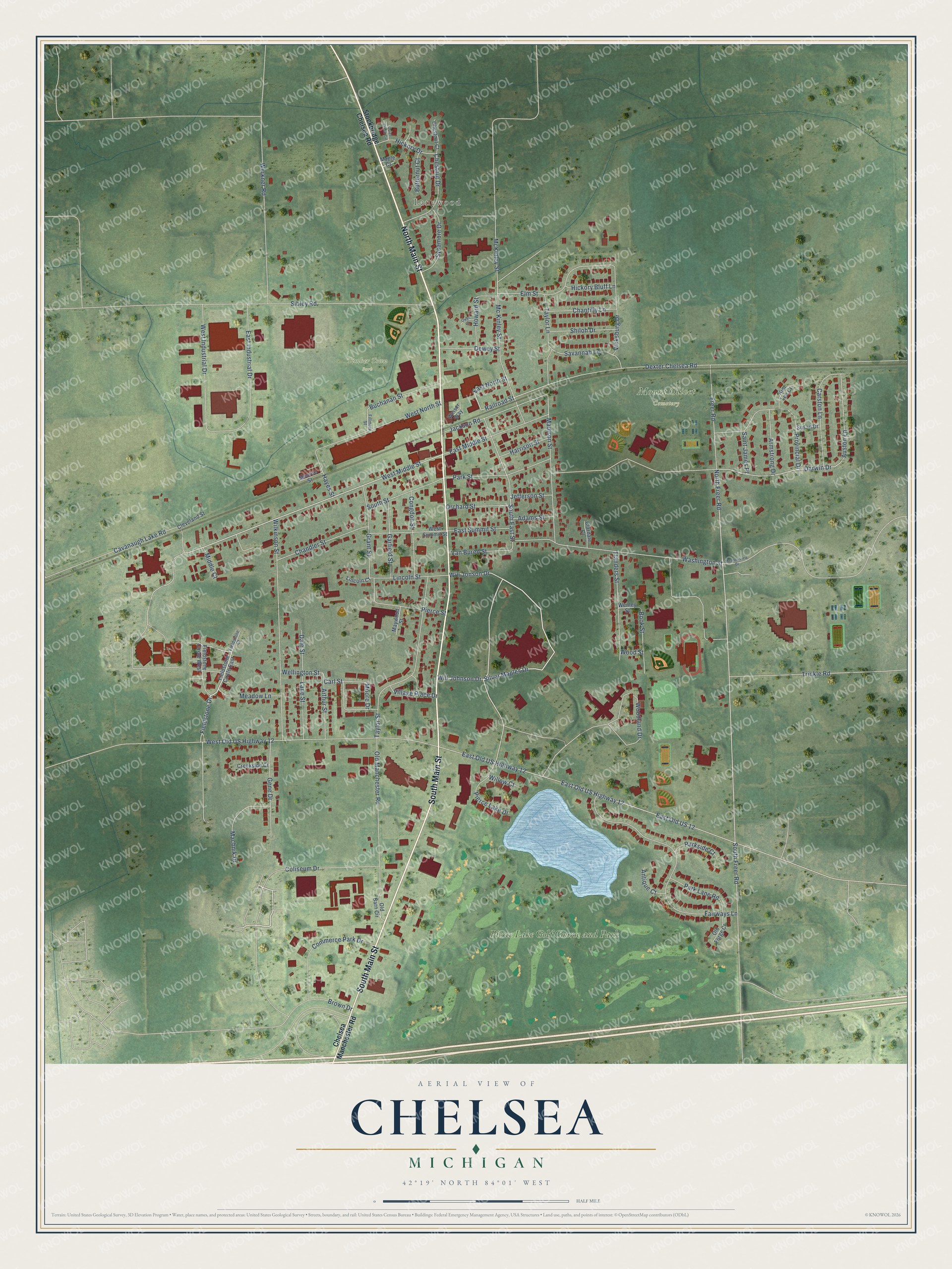 Full map of Chelsea, Michigan, with red buildings, printed street names and the land around them
