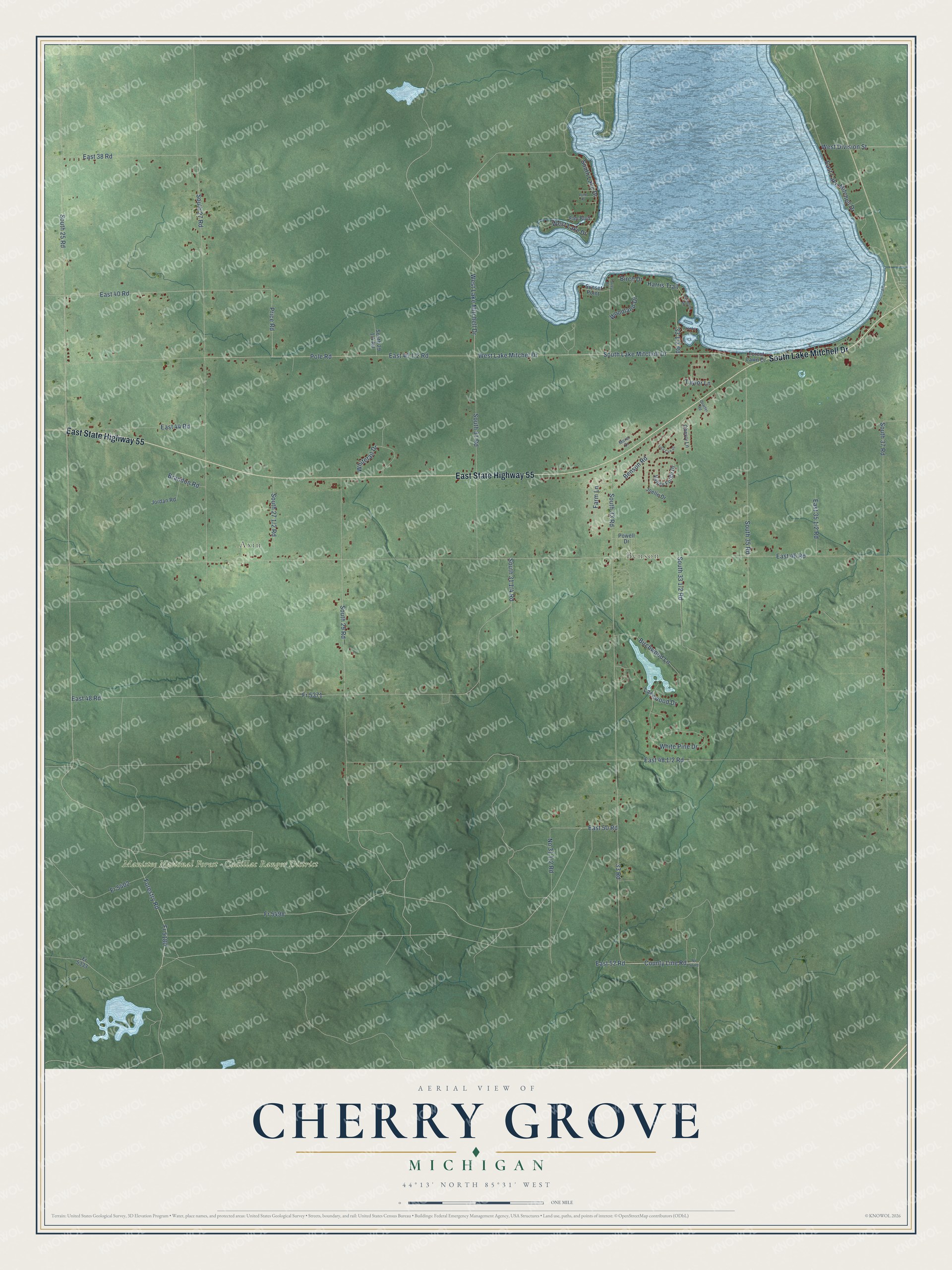 Full map of Cherry Grove, Michigan, with red buildings, printed street names and the land around them