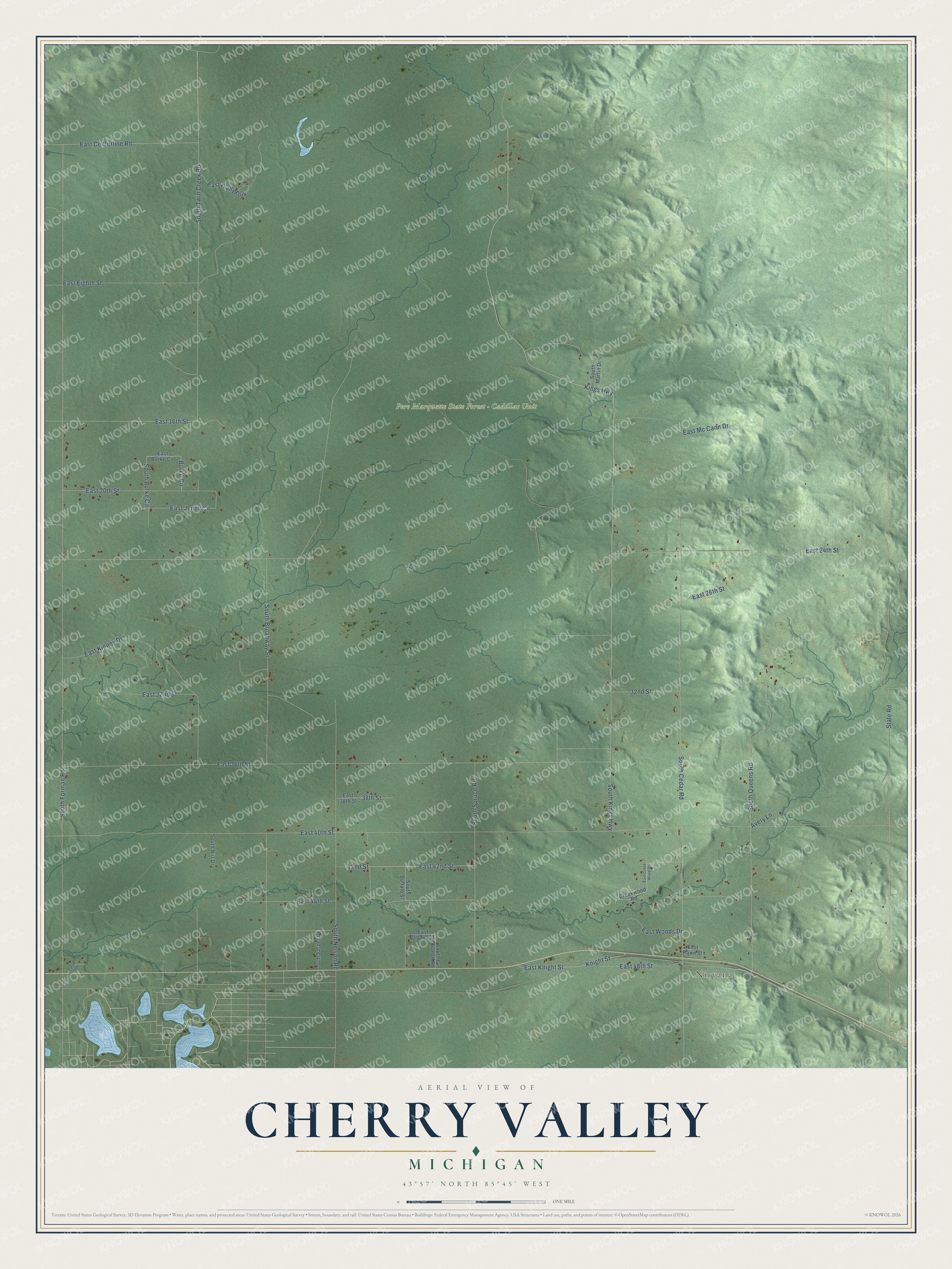 Full map of Cherry Valley, Michigan, with red buildings, printed street names and the land around them