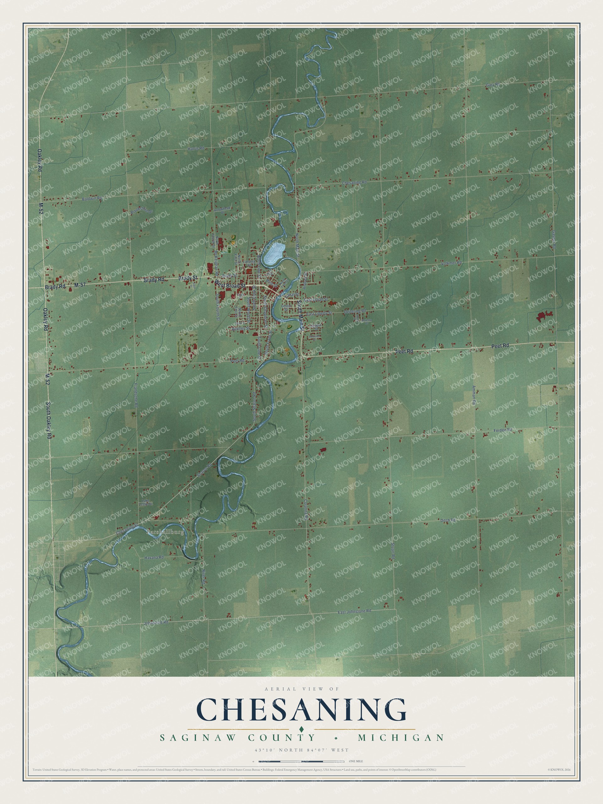 Full map of Chesaning, Michigan, with red buildings, printed street names and the land around them