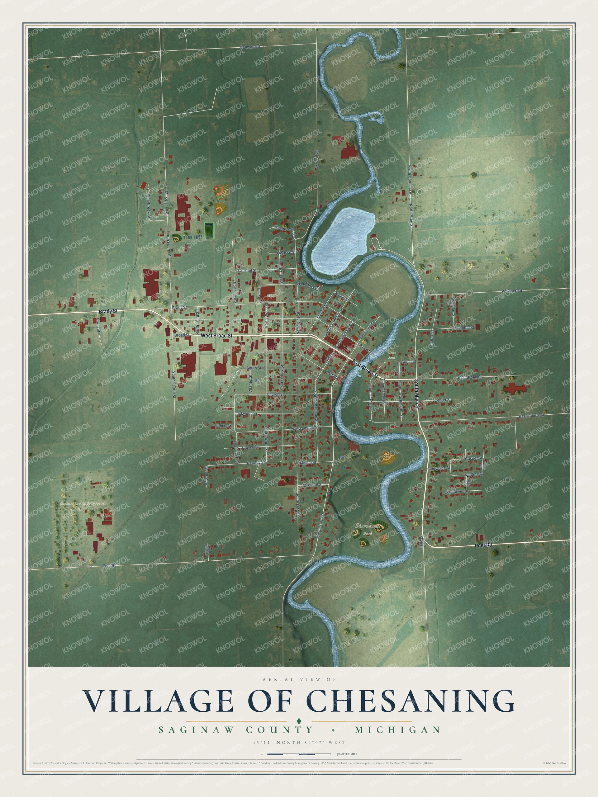 Full map of Chesaning, Michigan, with red buildings, printed street names and the land around them