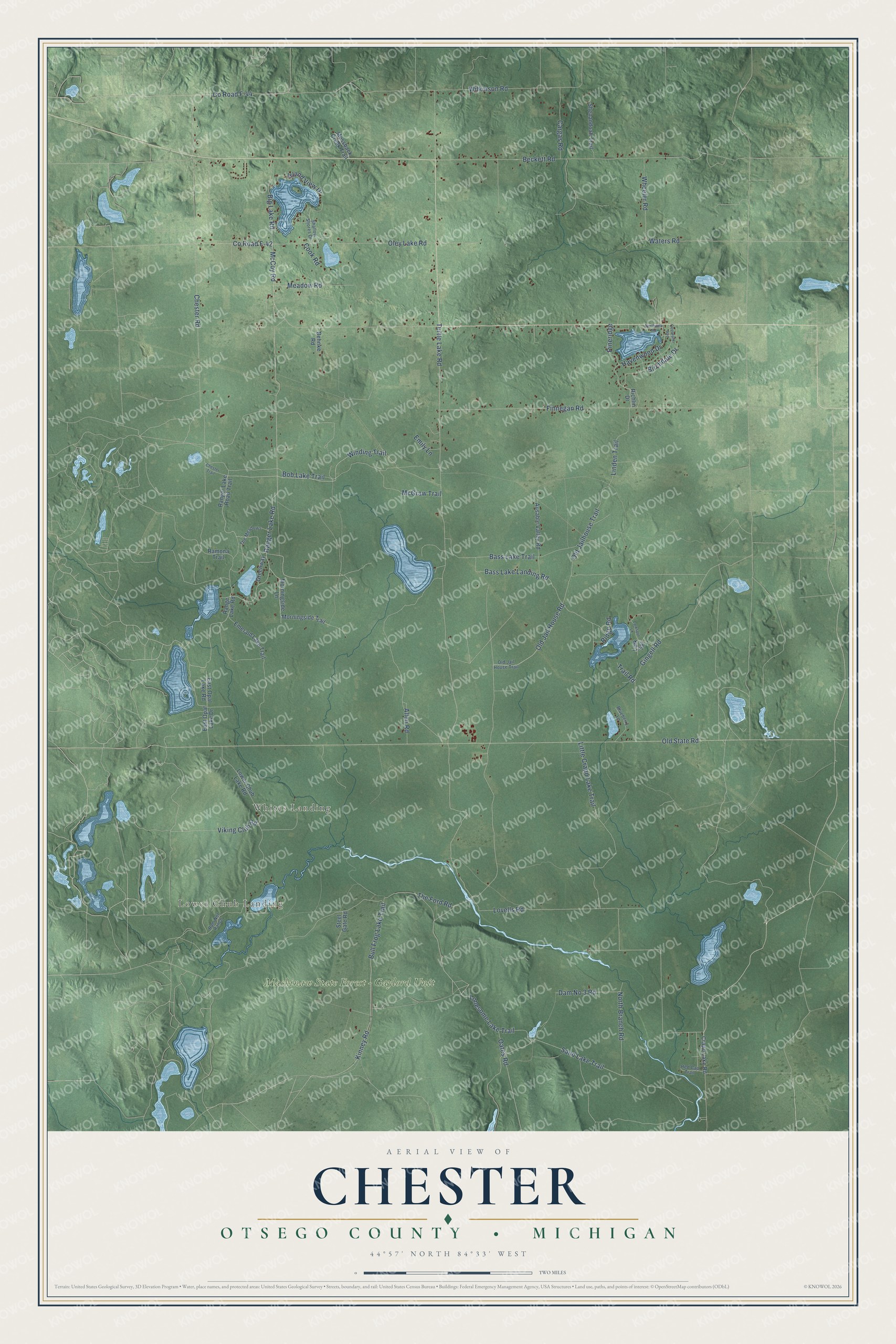 Full map of Chester, Michigan, with red buildings, printed street names and the land around them
