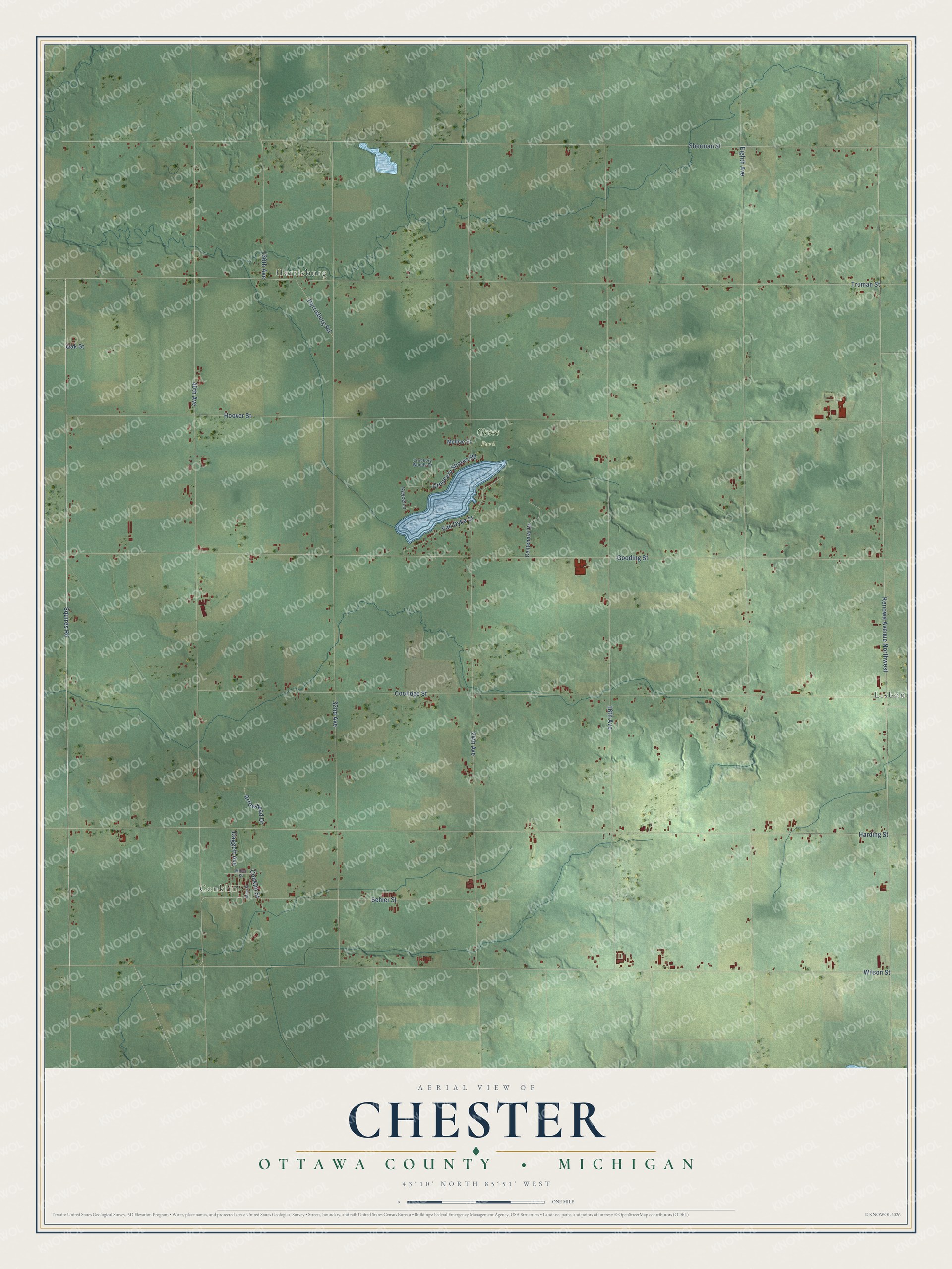 Full map of Chester, Michigan, with red buildings, printed street names and the land around them