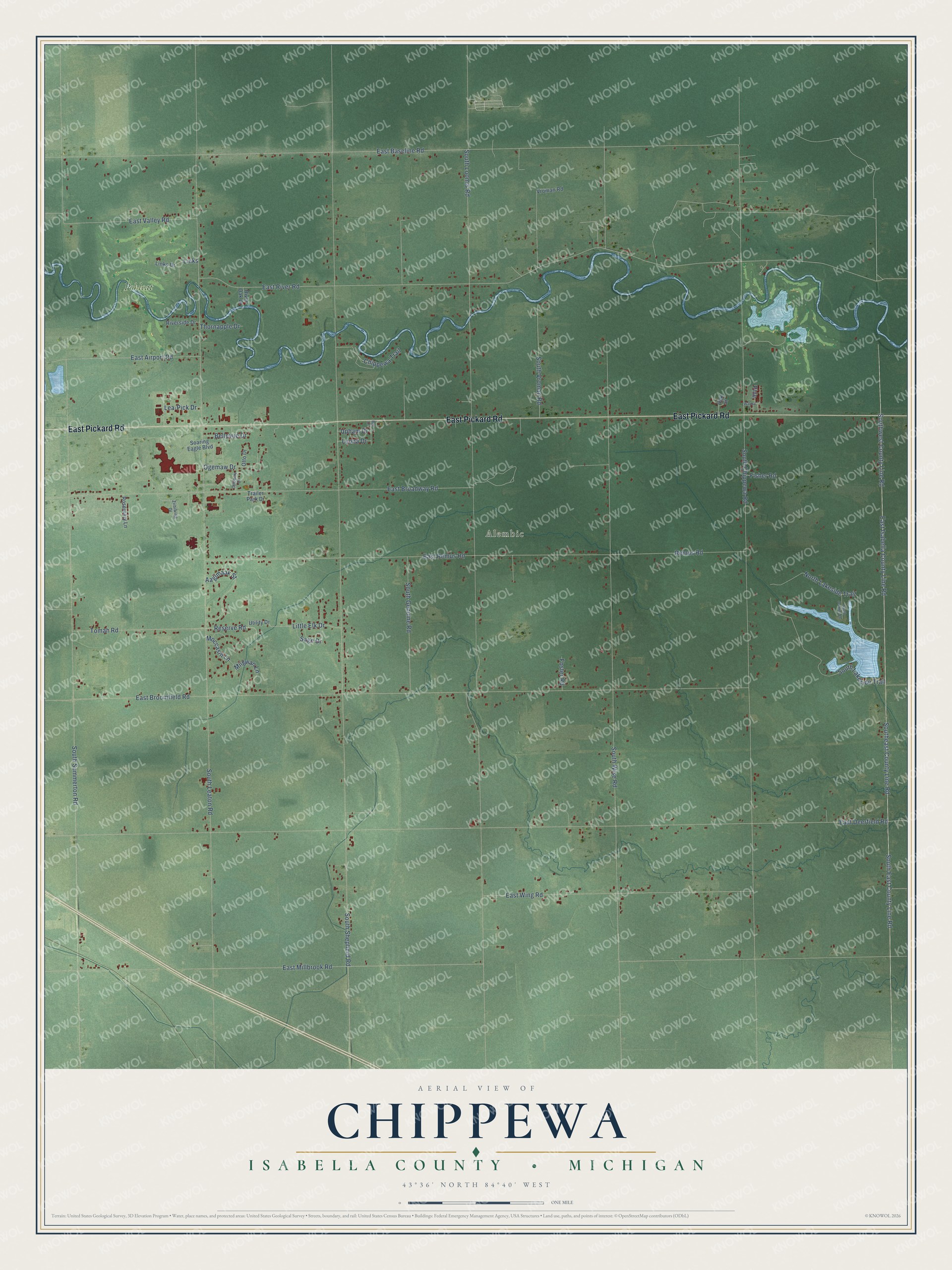 Full map of Chippewa, Michigan, with red buildings, printed street names and the land around them
