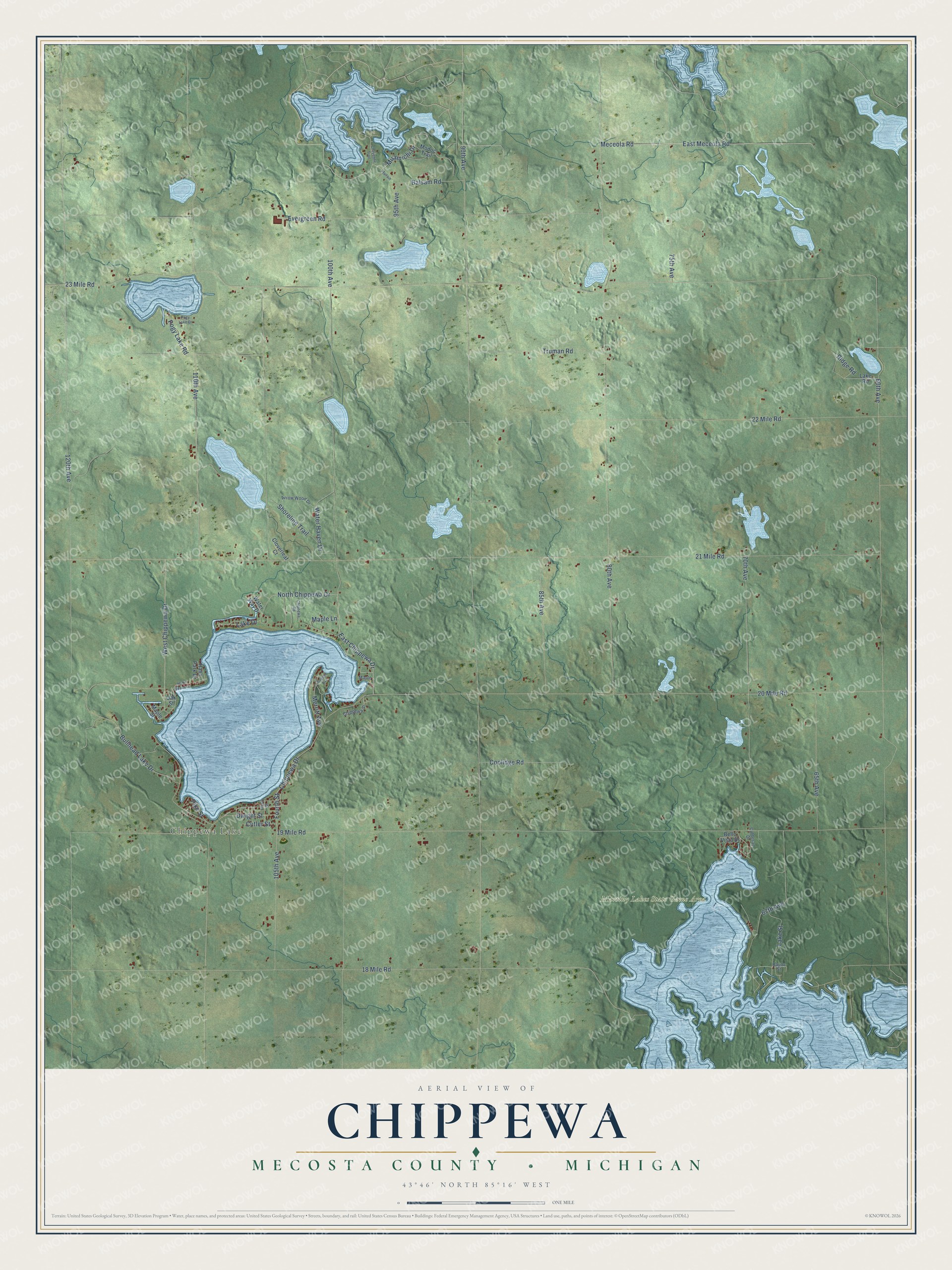 Full map of Chippewa, Michigan, with red buildings, printed street names and the land around them