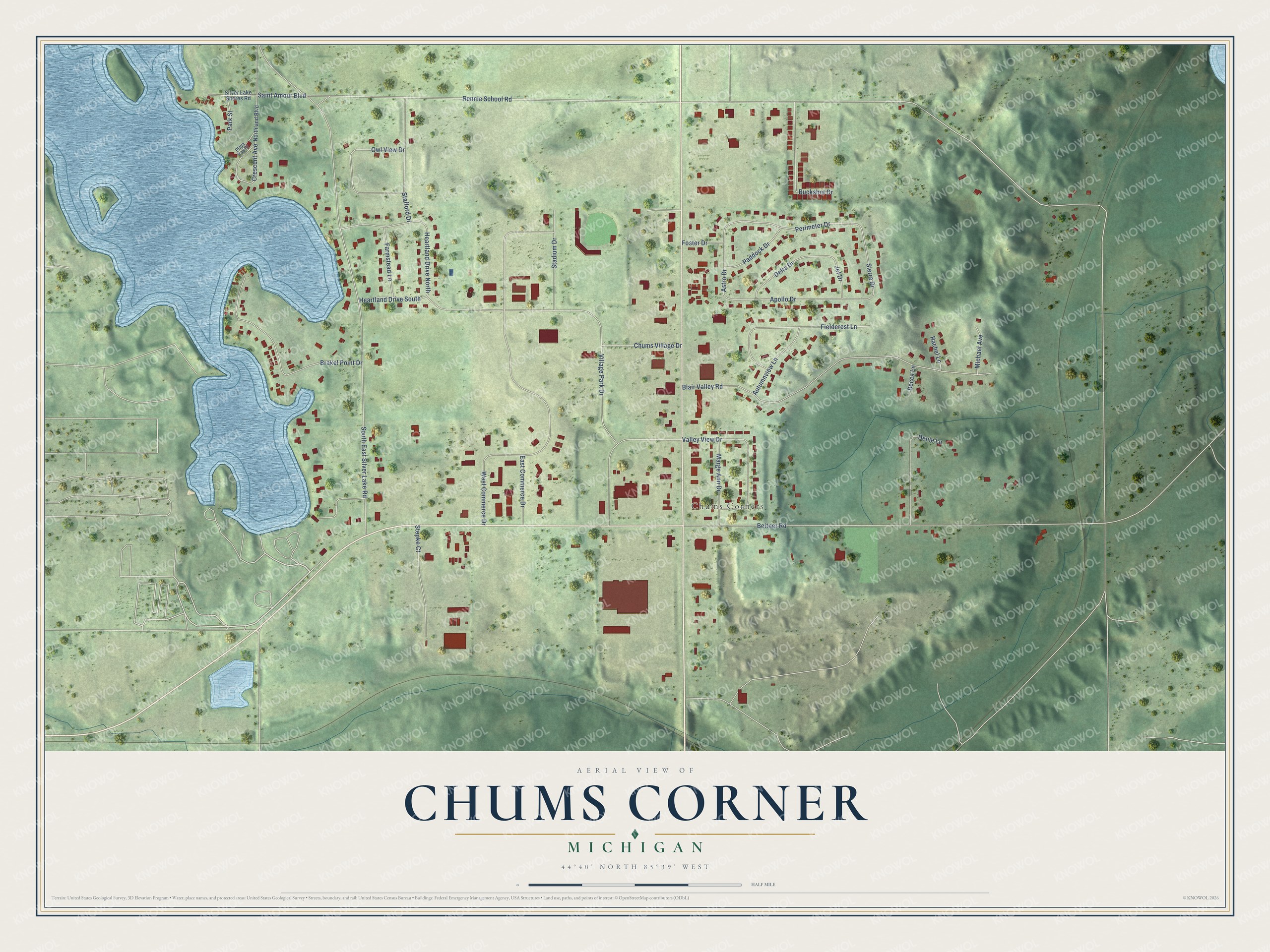 Full map of Chums Corner, Michigan, with red buildings, printed street names and the land around them