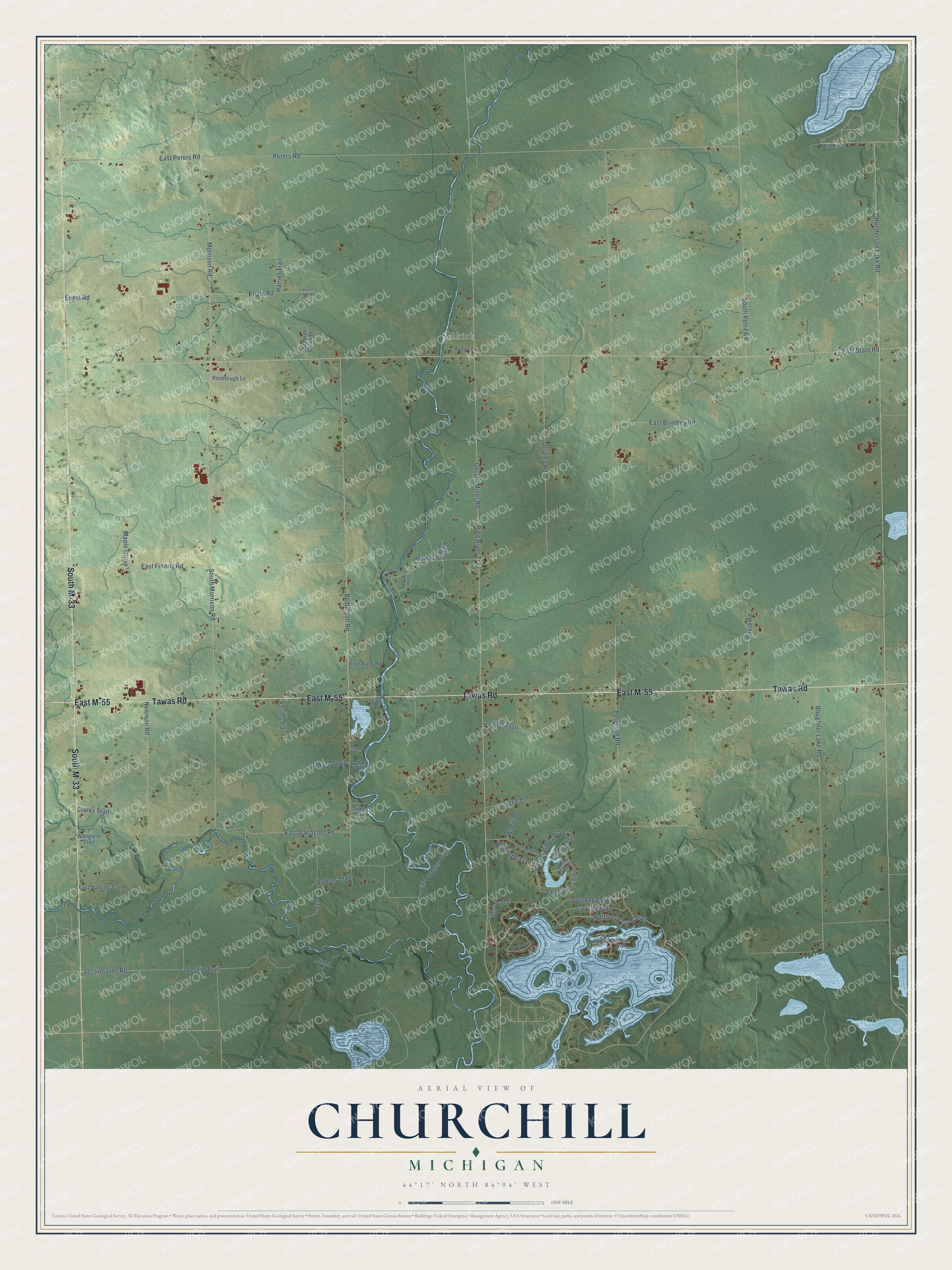 Full map of Churchill, Michigan, with red buildings, printed street names and the land around them