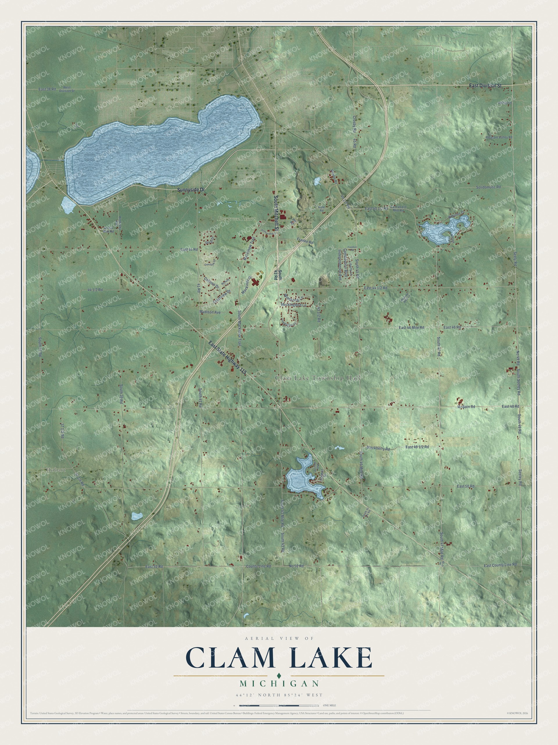 Full map of Clam Lake, Michigan, with red buildings, printed street names and the land around them