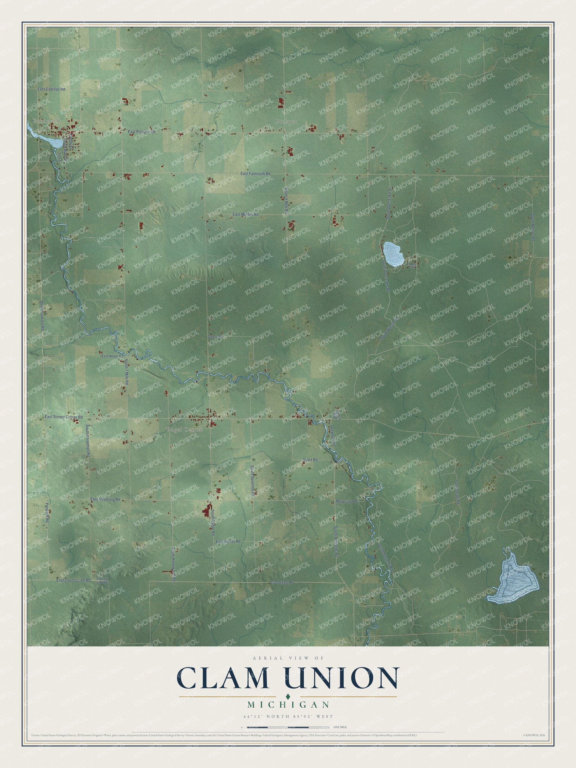 Full map of Clam Union, Michigan, with red buildings, printed street names and the land around them