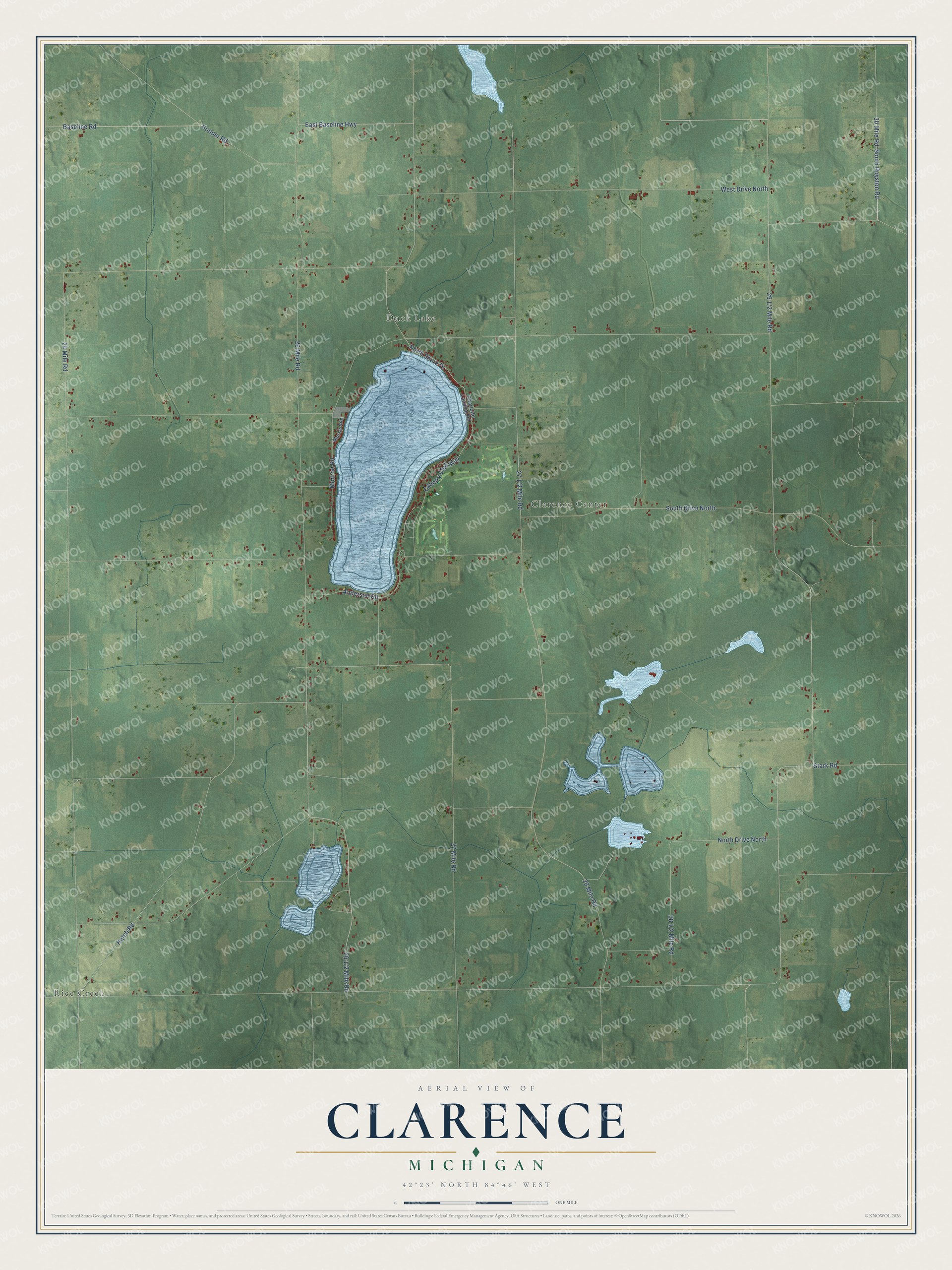 Full map of Clarence, Michigan, with red buildings, printed street names and the land around them