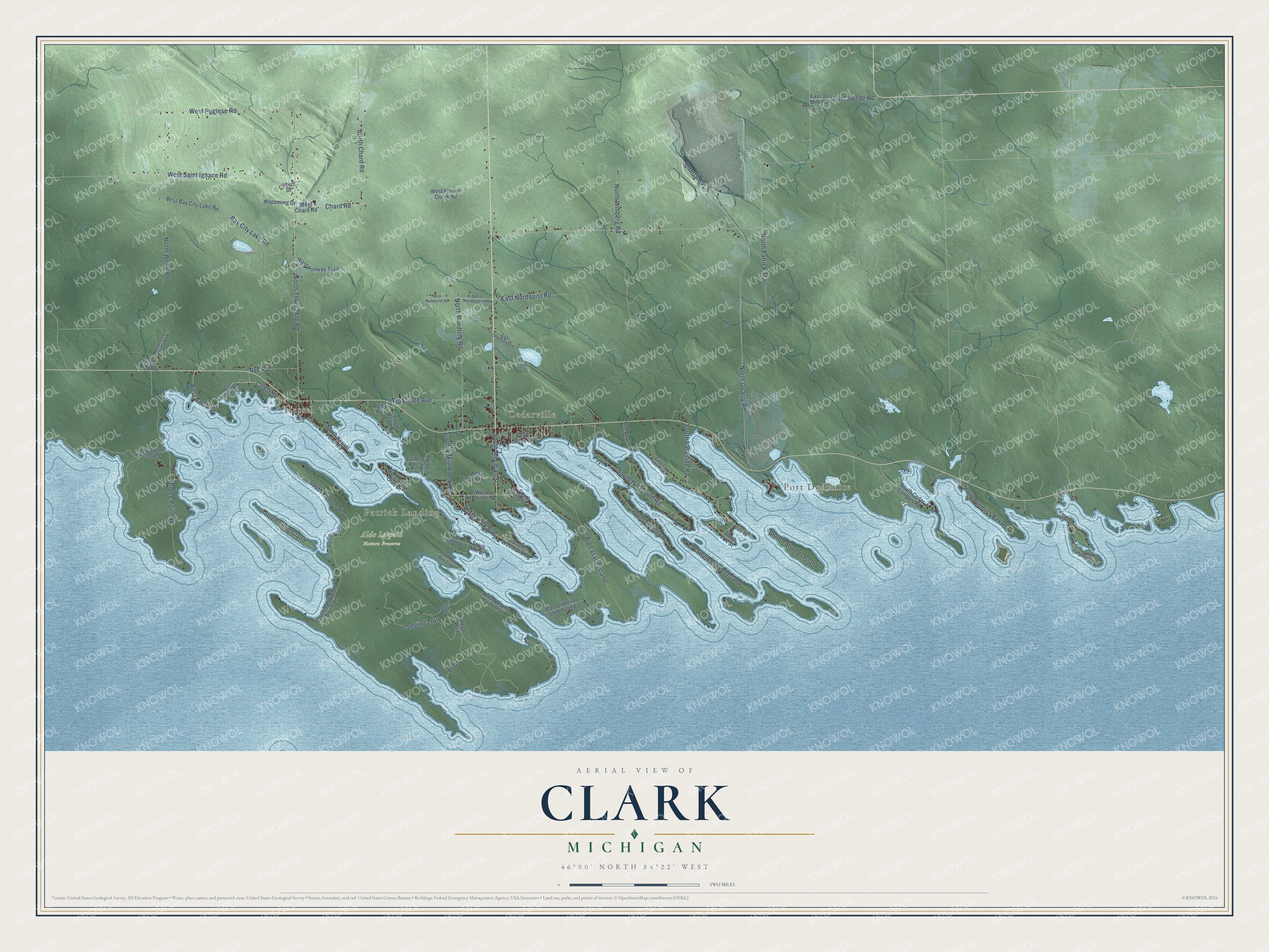 Full map of Clark, Michigan, with red buildings, printed street names and the land around them