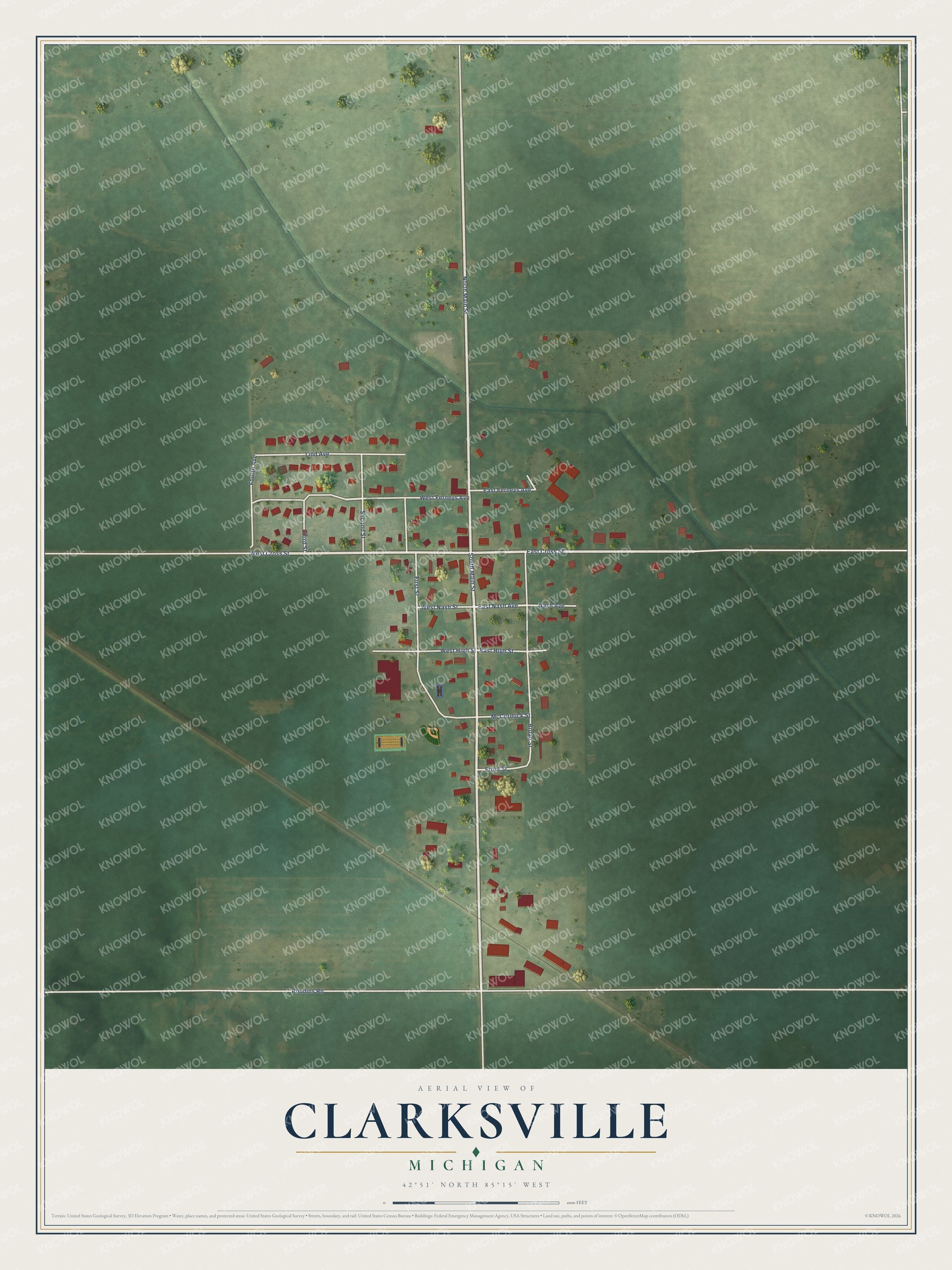 Full map of Clarksville, Michigan, with red buildings, printed street names and the land around them