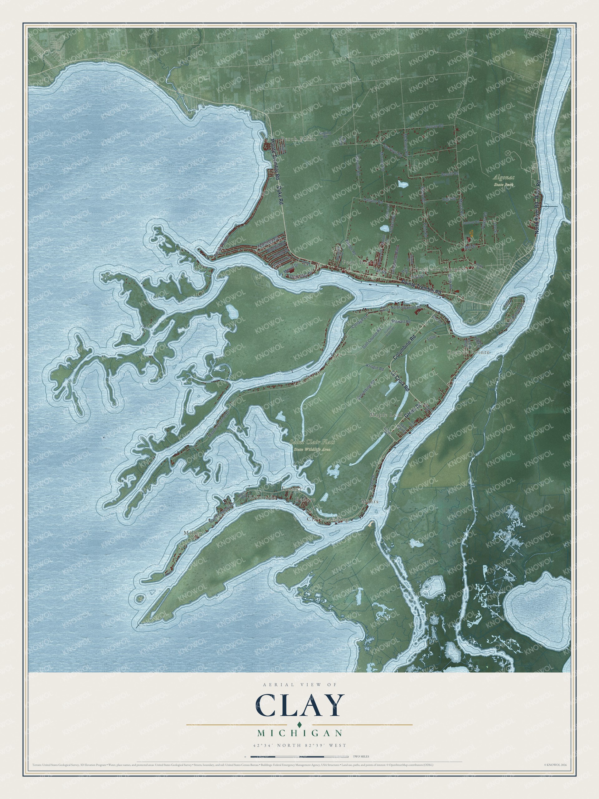 Full map of Clay, Michigan, with red buildings, printed street names and the land around them
