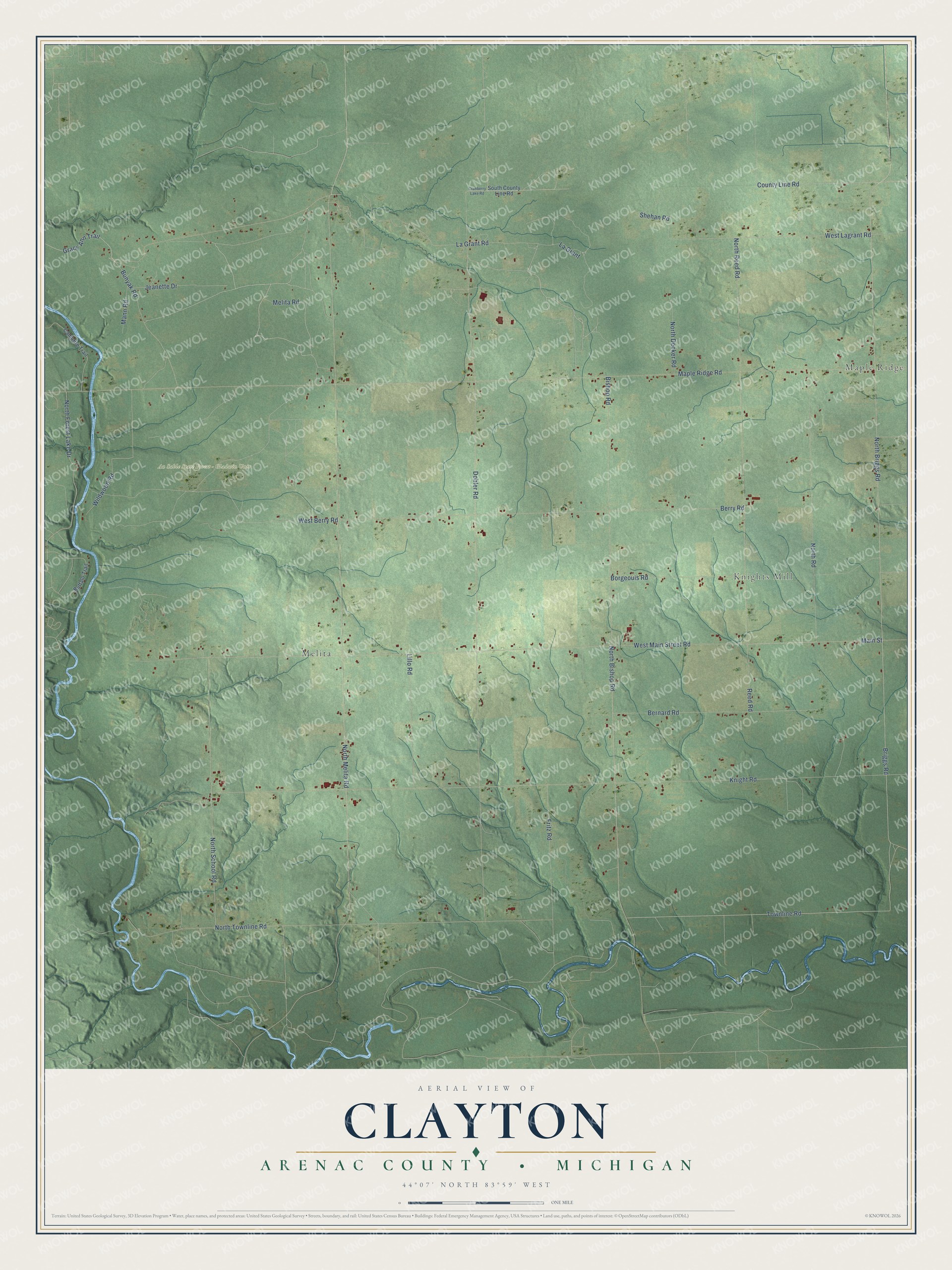 Full map of Clayton, Michigan, with red buildings, printed street names and the land around them