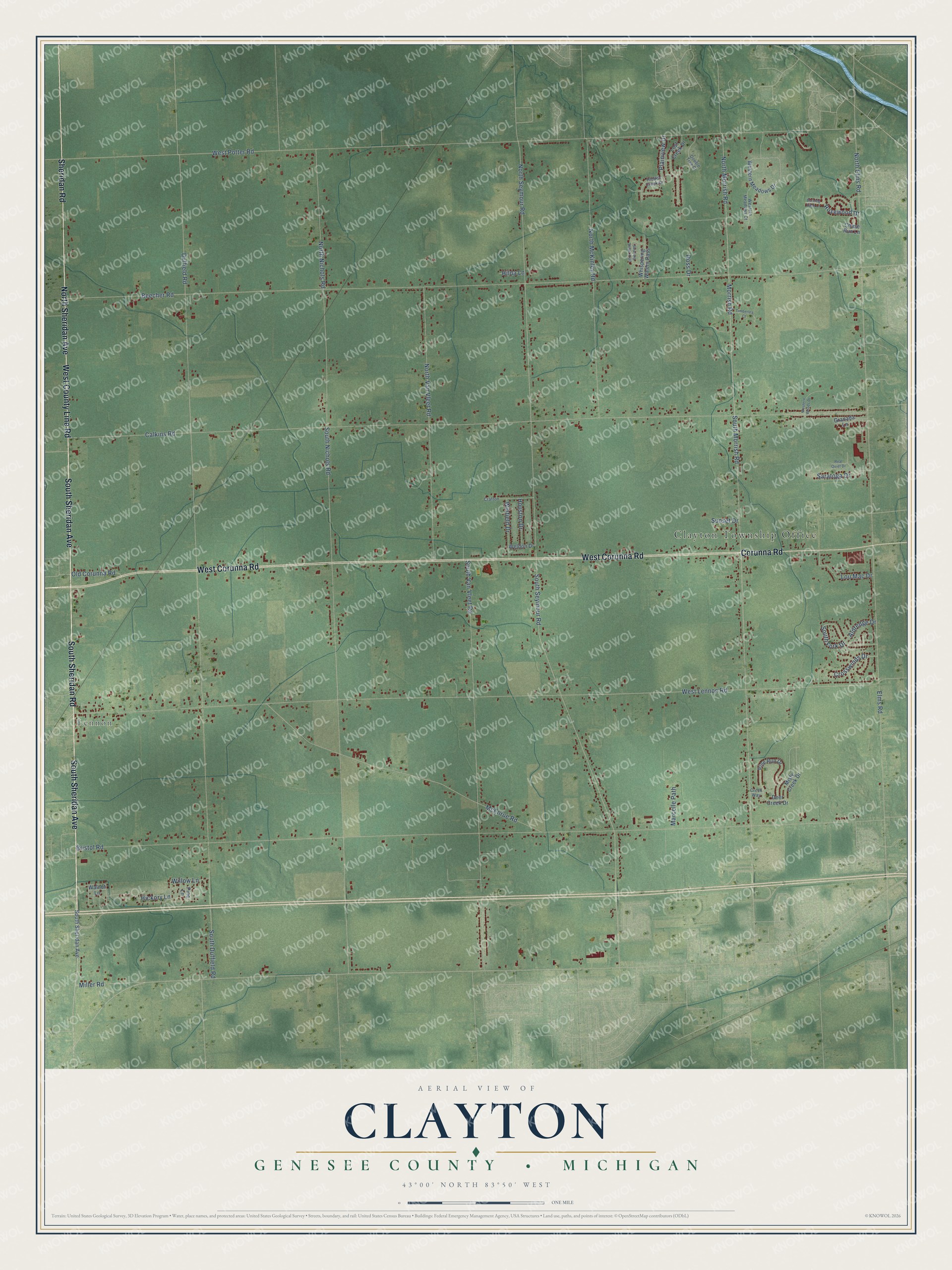 Full map of Clayton, Michigan, with red buildings, printed street names and the land around them