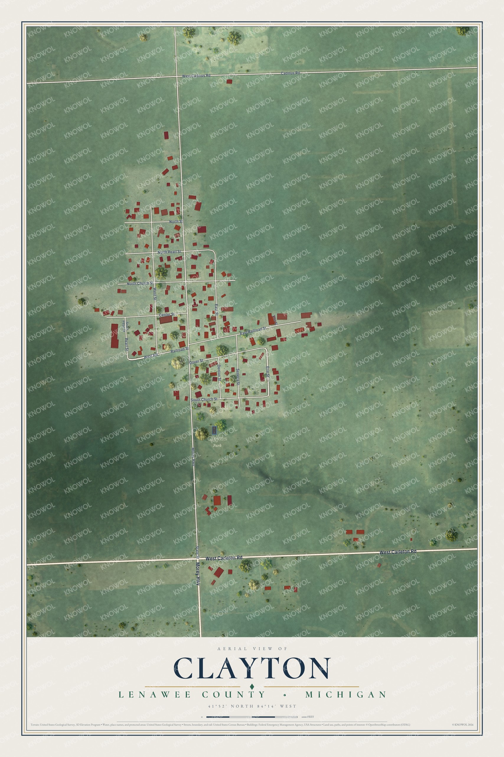 Full map of Clayton, Michigan, with red buildings, printed street names and the land around them