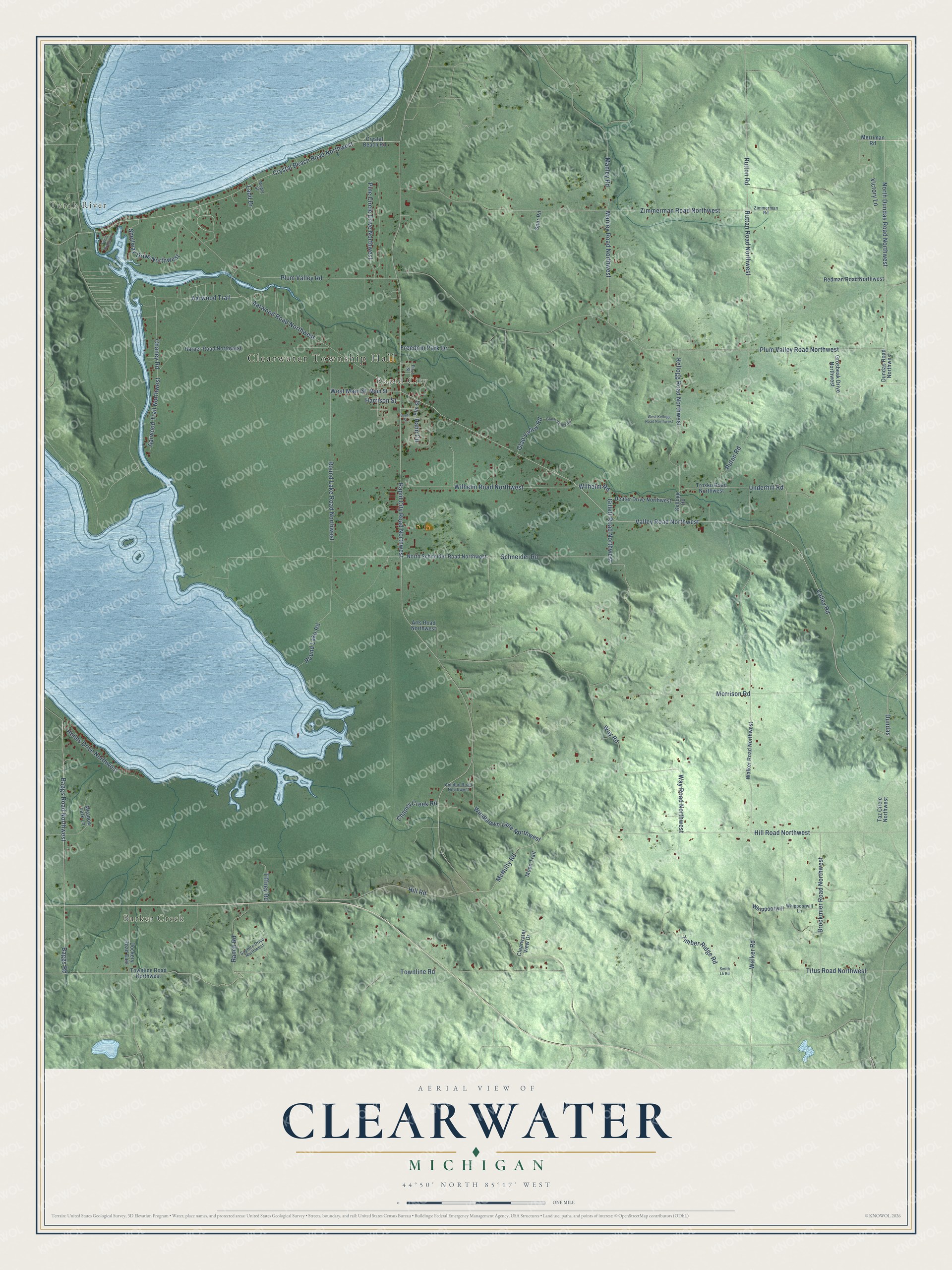 Full map of Clearwater, Michigan, with red buildings, printed street names and the land around them