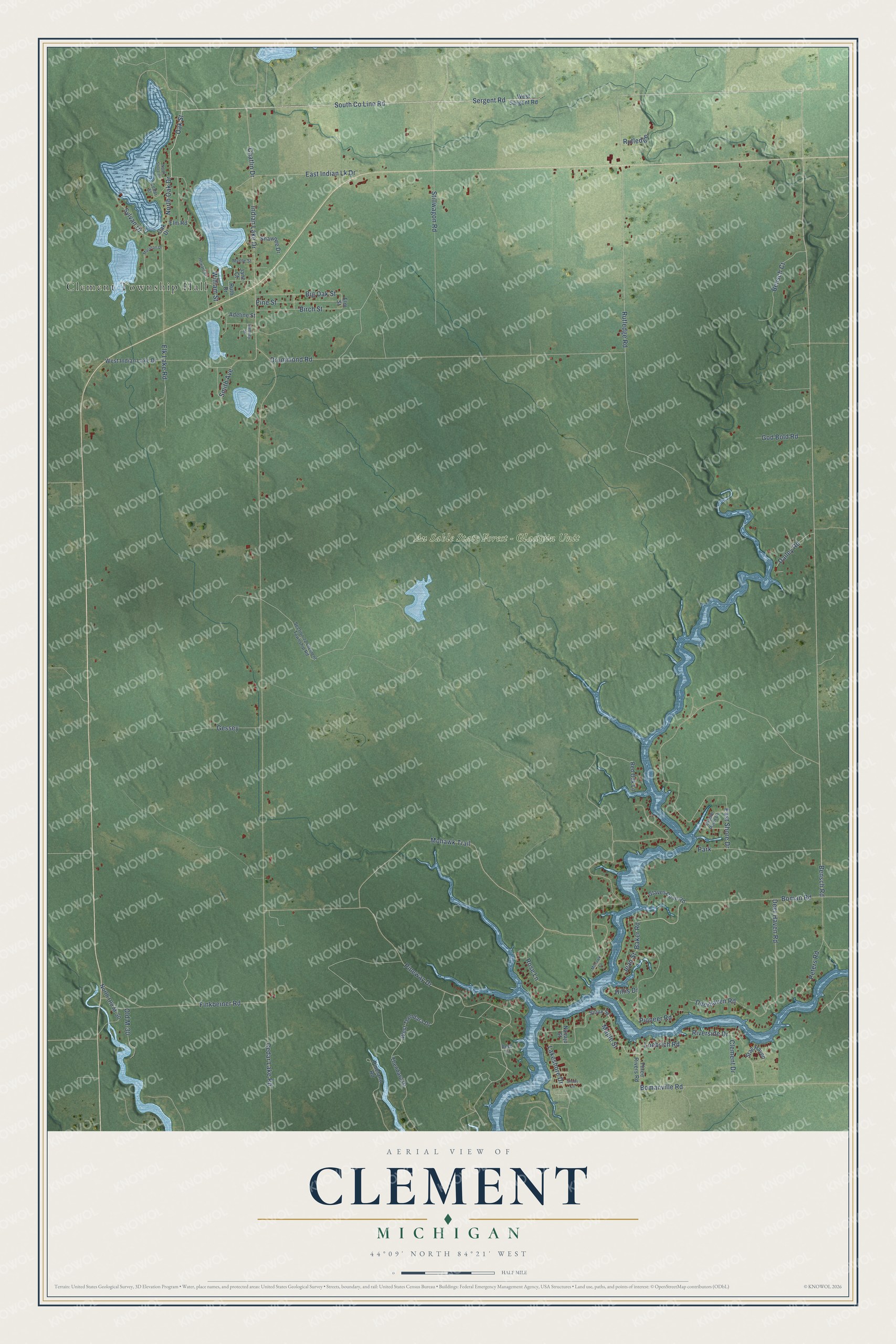 Full map of Clement, Michigan, with red buildings, printed street names and the land around them