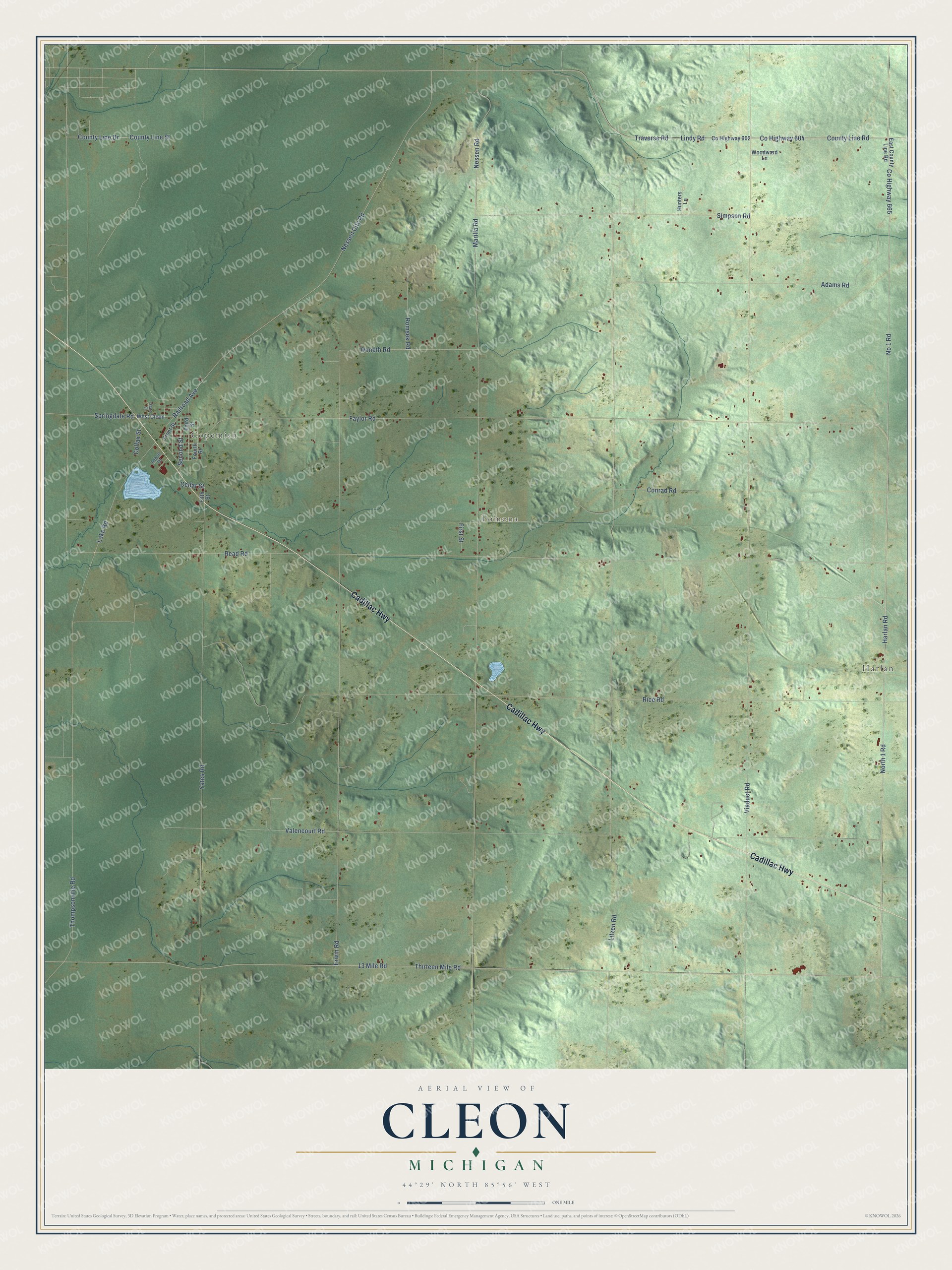 Full map of Cleon, Michigan, with red buildings, printed street names and the land around them