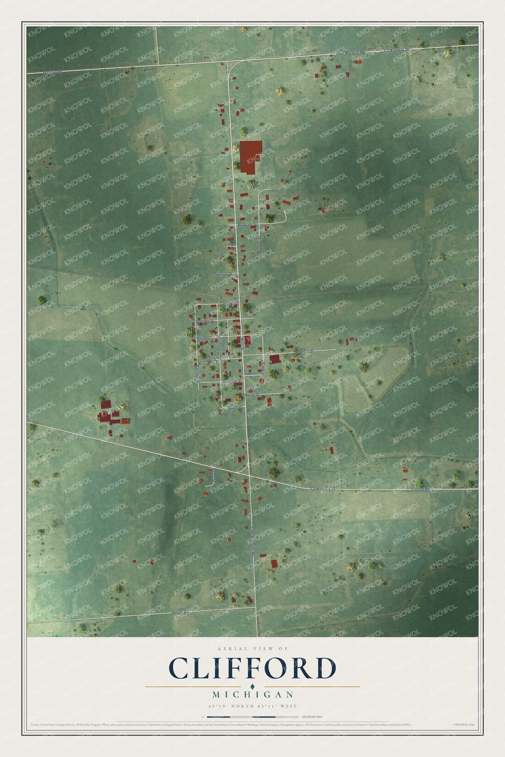 Full map of Clifford, Michigan, with red buildings, printed street names and the land around them