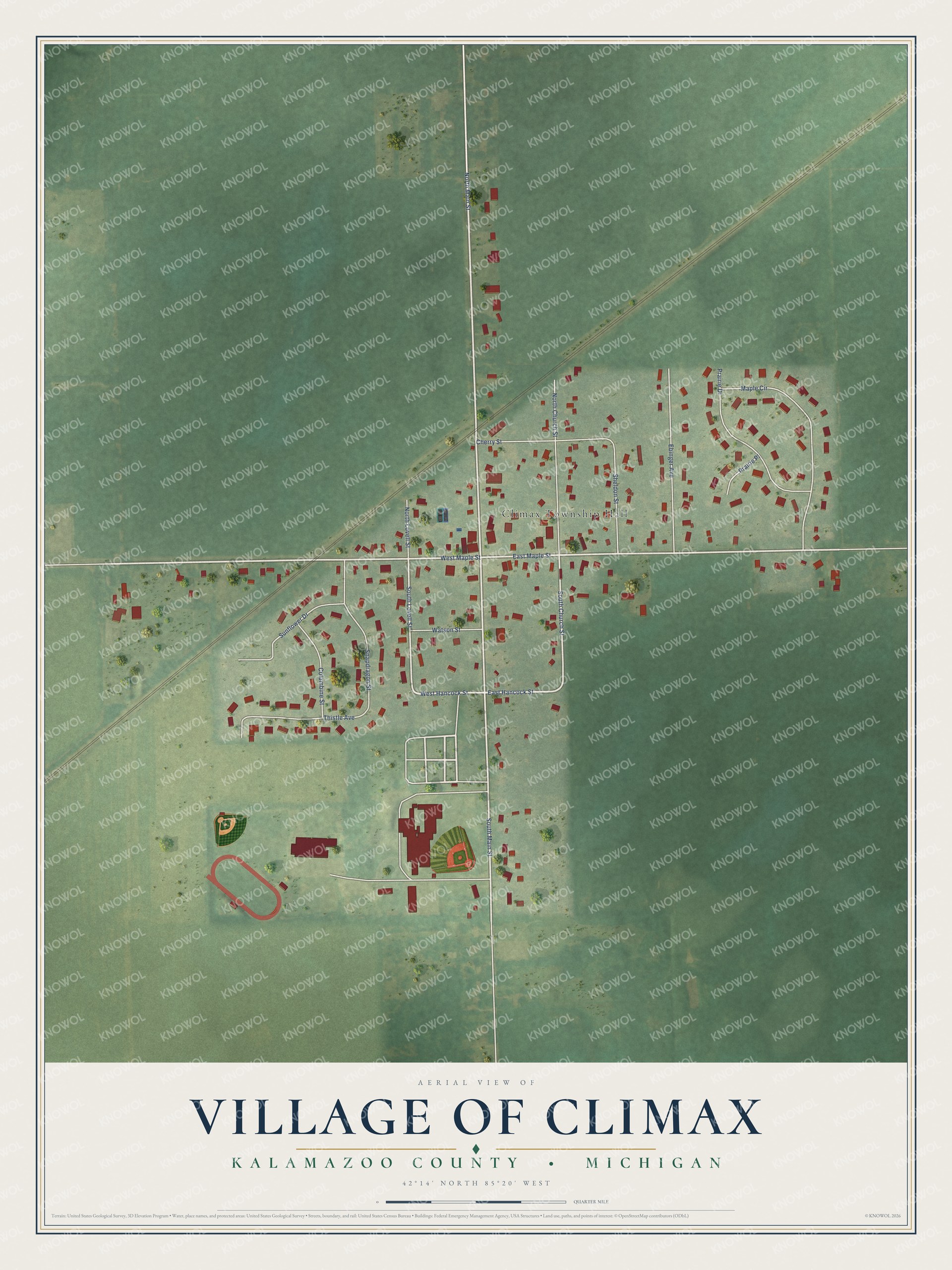 Full map of Climax, Michigan, with red buildings, printed street names and the land around them