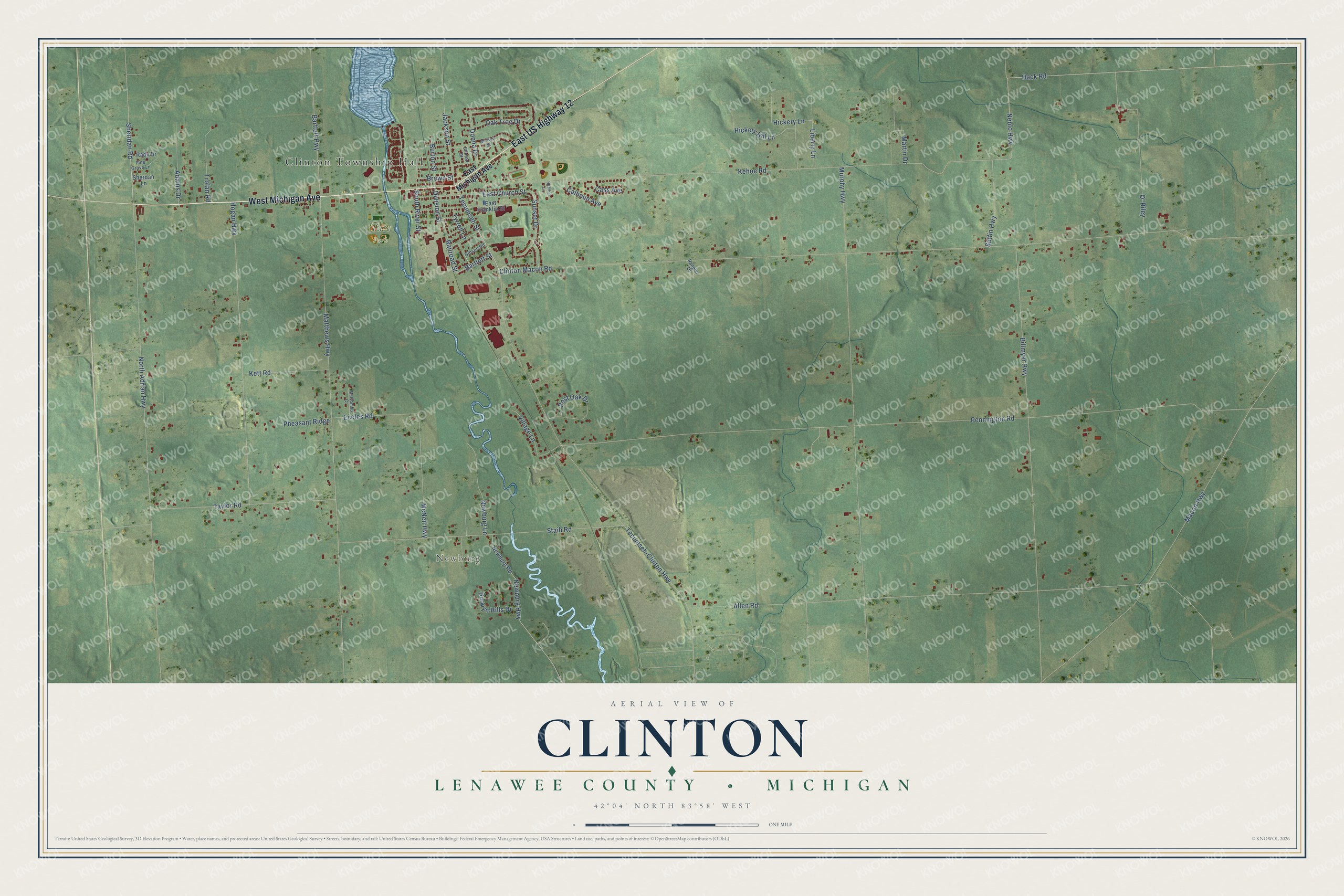 Full map of Clinton, Michigan, with red buildings, printed street names and the land around them