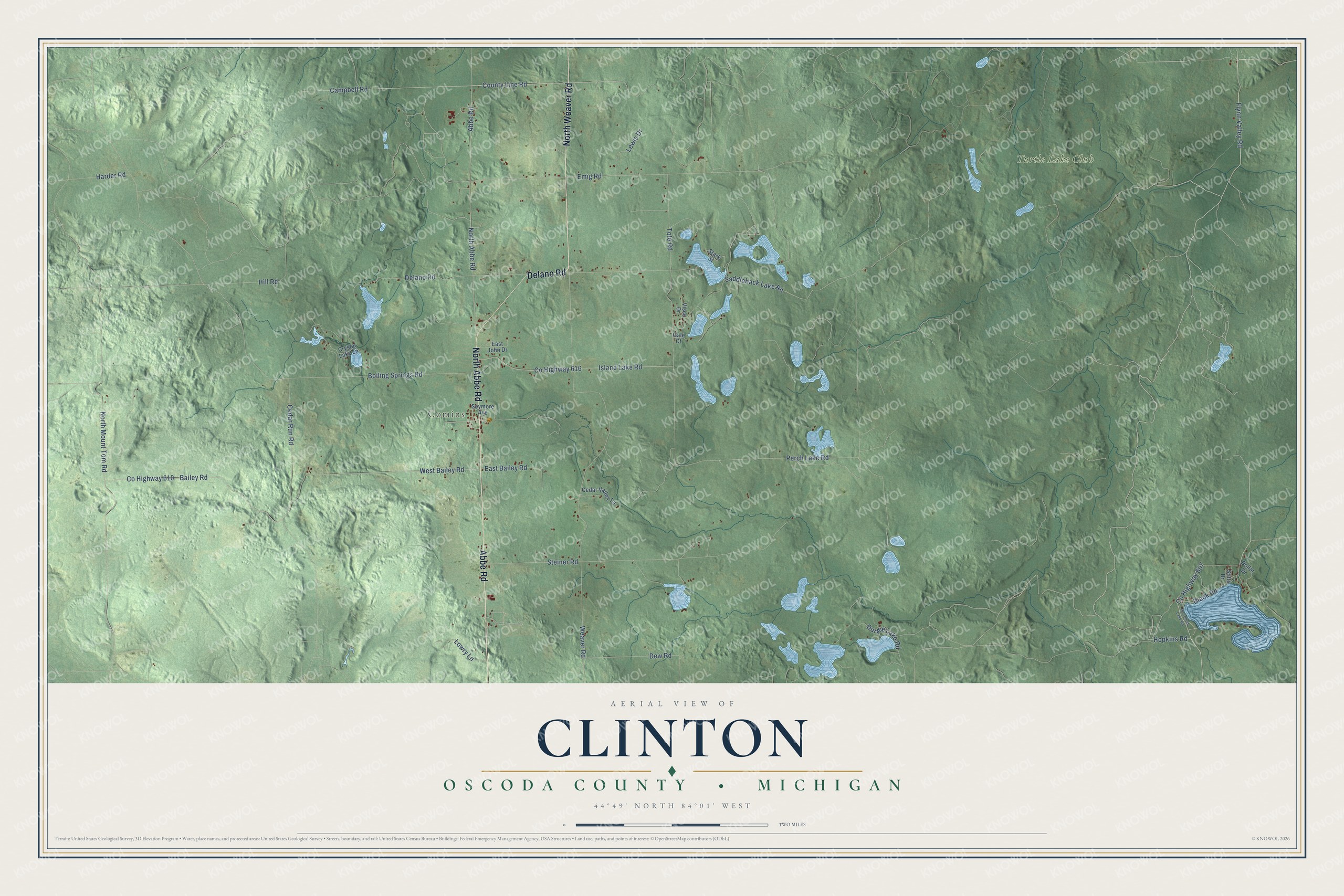 Full map of Clinton, Michigan, with red buildings, printed street names and the land around them