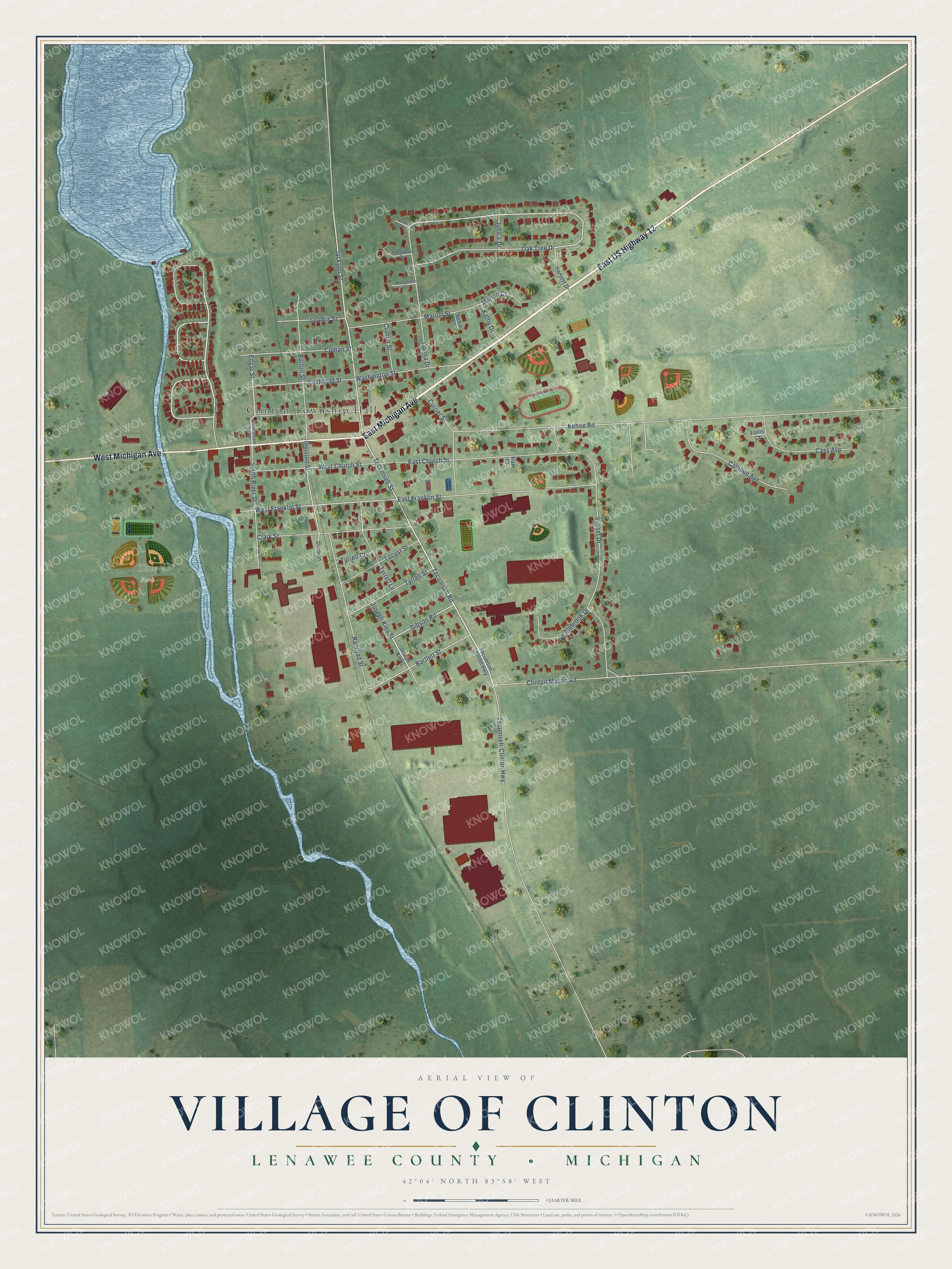 Full map of Clinton, Michigan, with red buildings, printed street names and the land around them