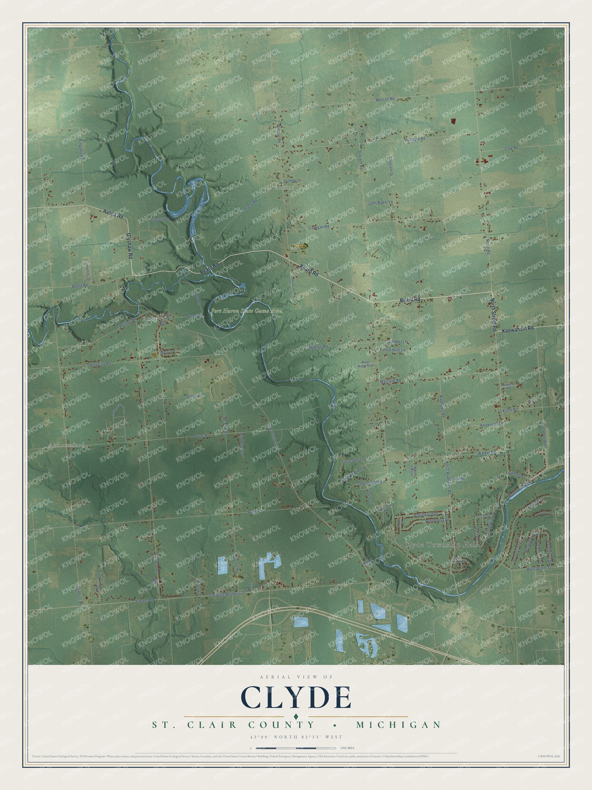 Full map of Clyde, Michigan, with red buildings, printed street names and the land around them
