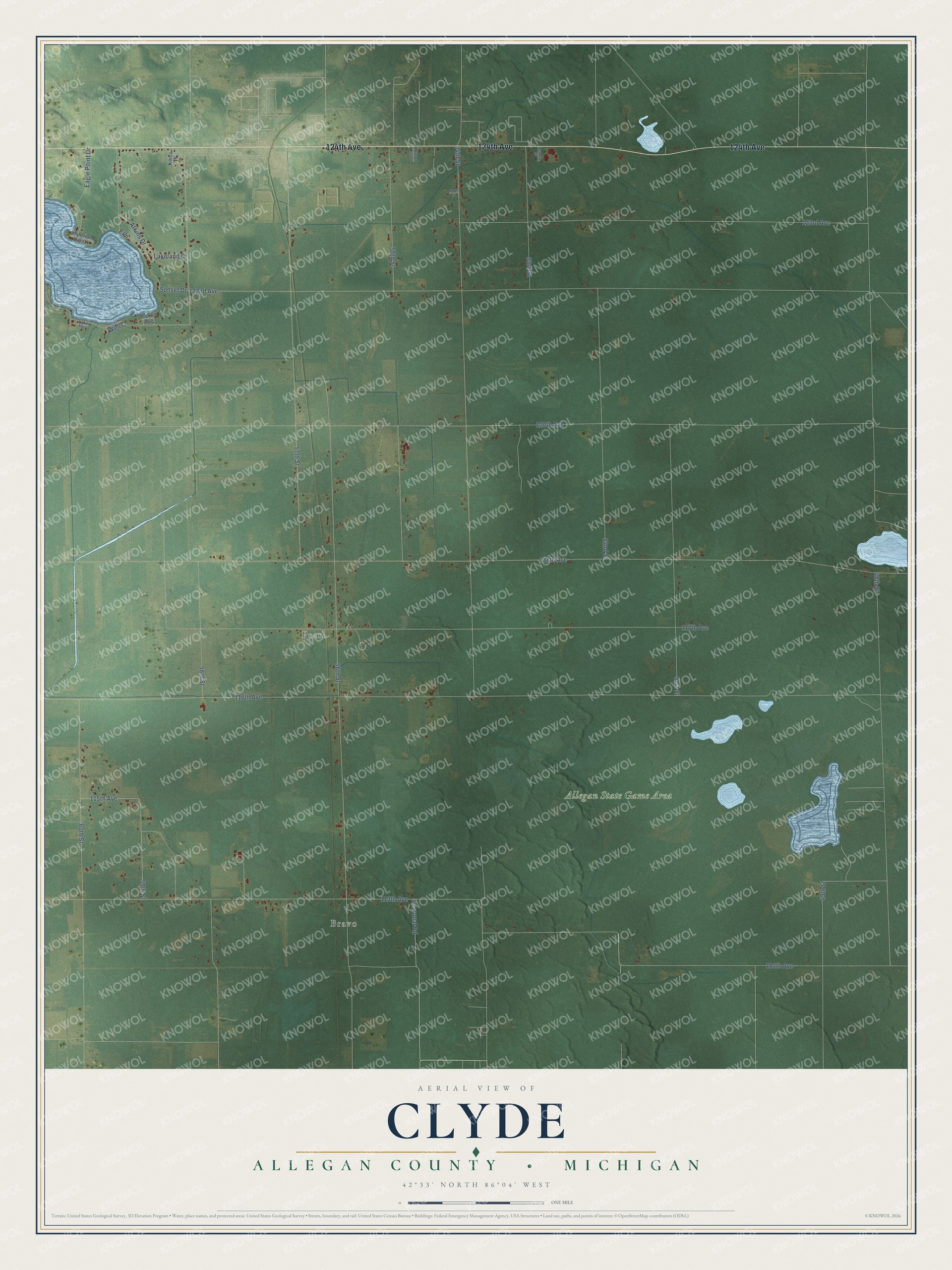 Full map of Clyde, Michigan, with red buildings, printed street names and the land around them