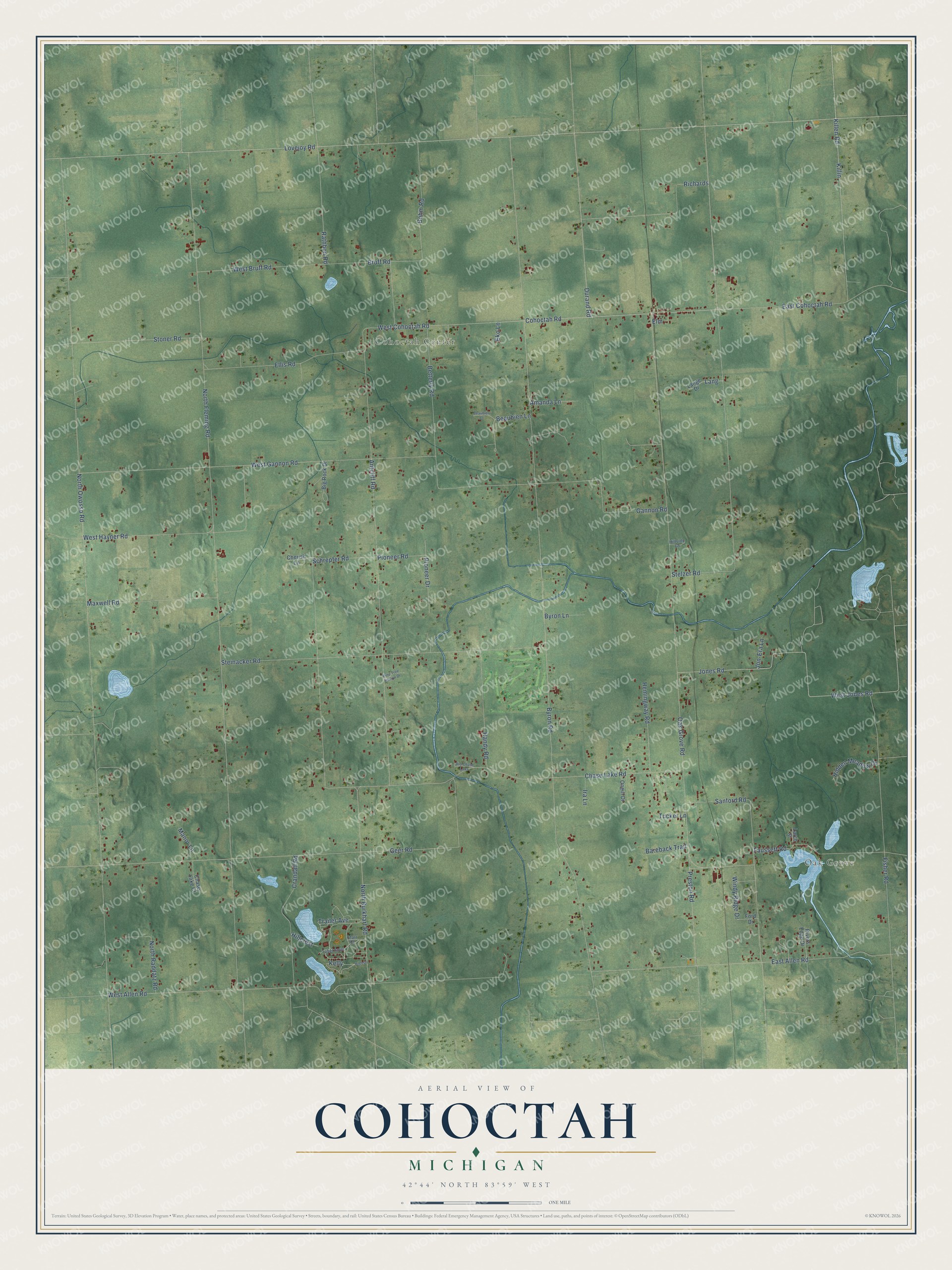 Full map of Cohoctah, Michigan, with red buildings, printed street names and the land around them