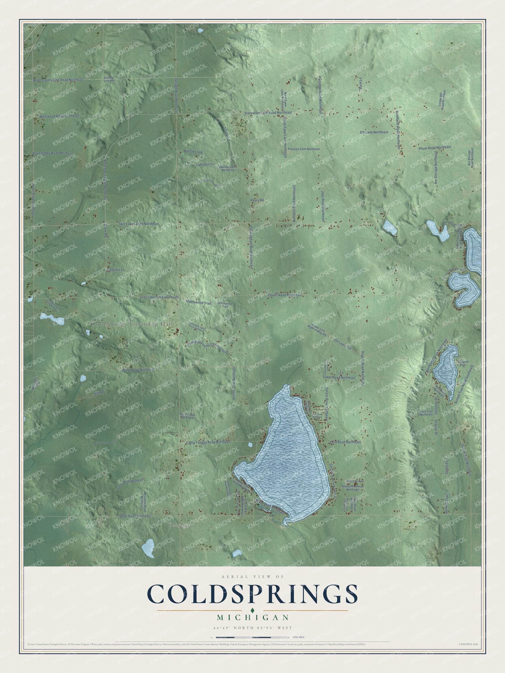 Full map of Coldsprings, Michigan, with red buildings, printed street names and the land around them