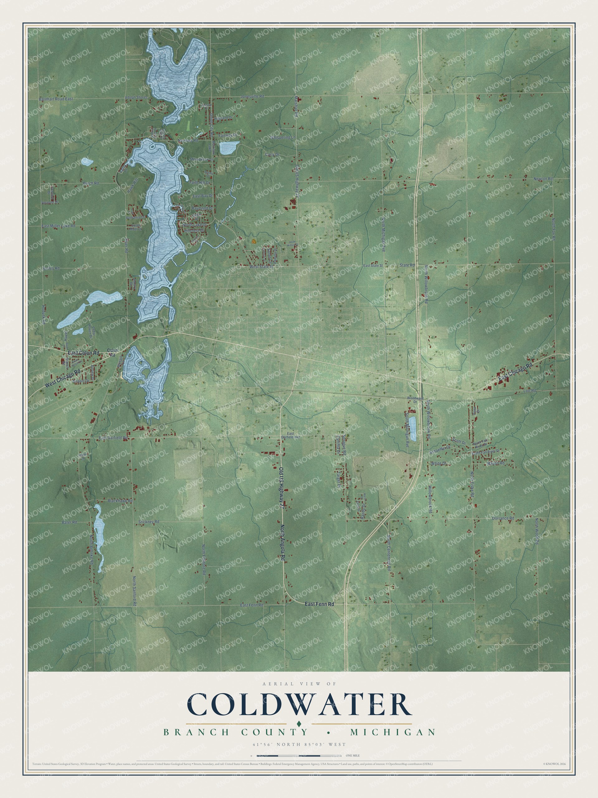 Full map of Coldwater, Michigan, with red buildings, printed street names and the land around them