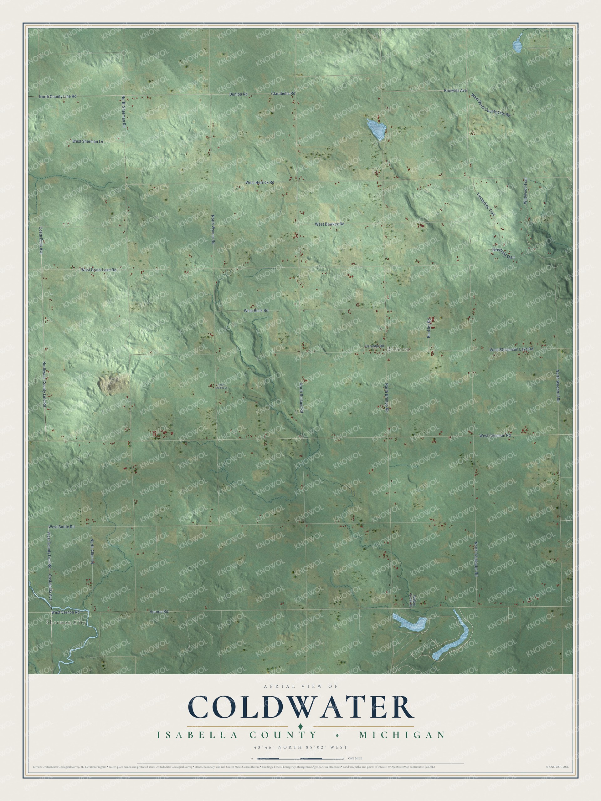 Full map of Coldwater, Michigan, with red buildings, printed street names and the land around them