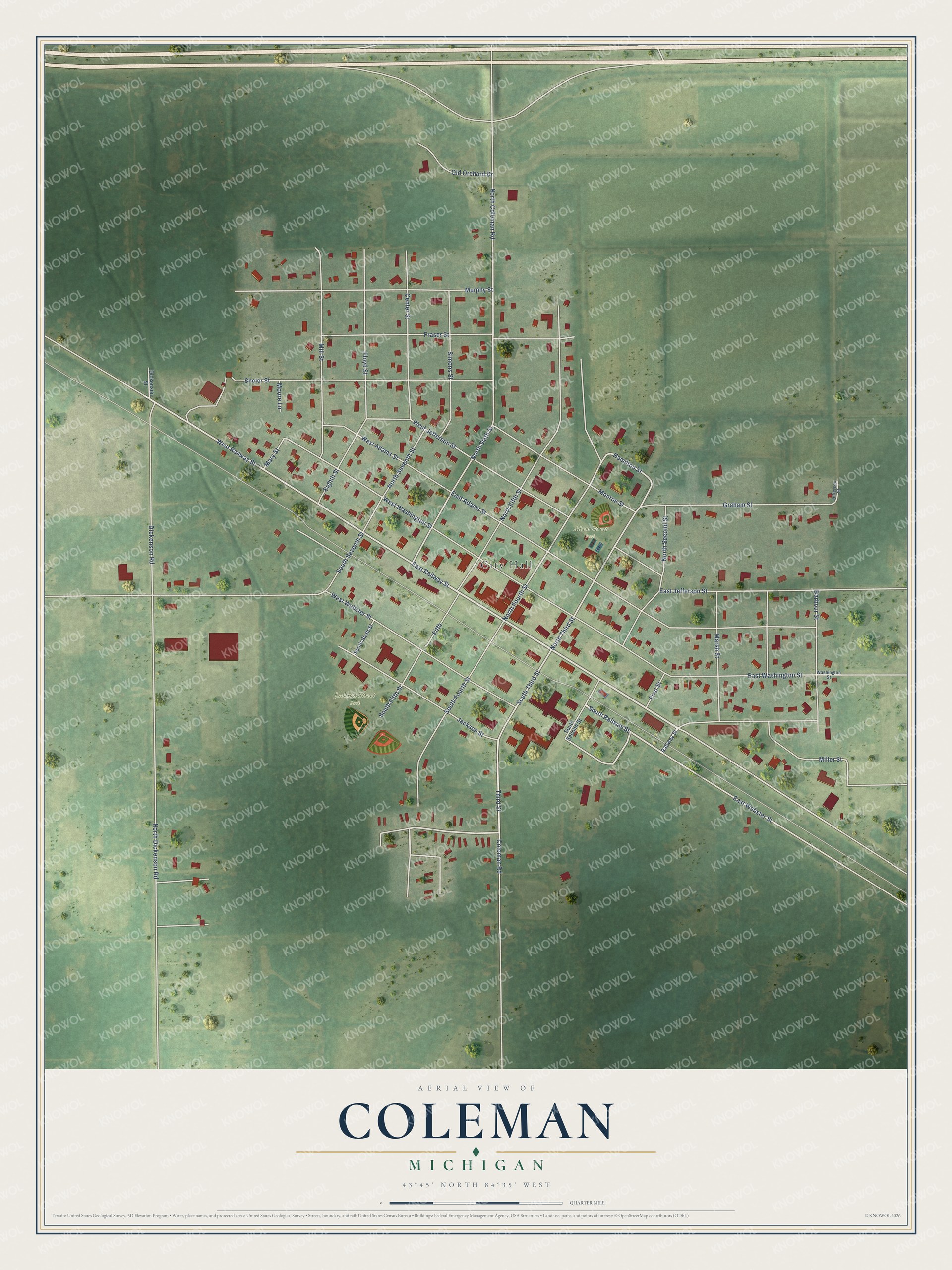 Full map of Coleman, Michigan, with red buildings, printed street names and the land around them