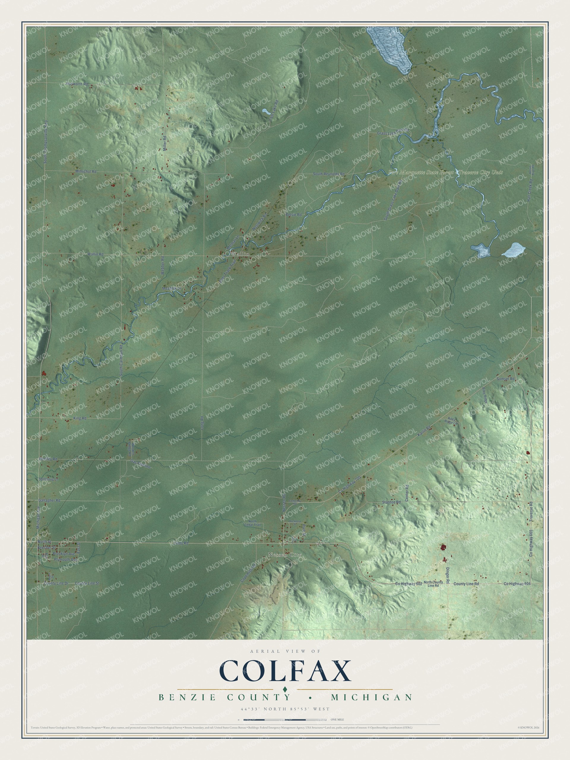 Full map of Colfax, Michigan, with red buildings, printed street names and the land around them