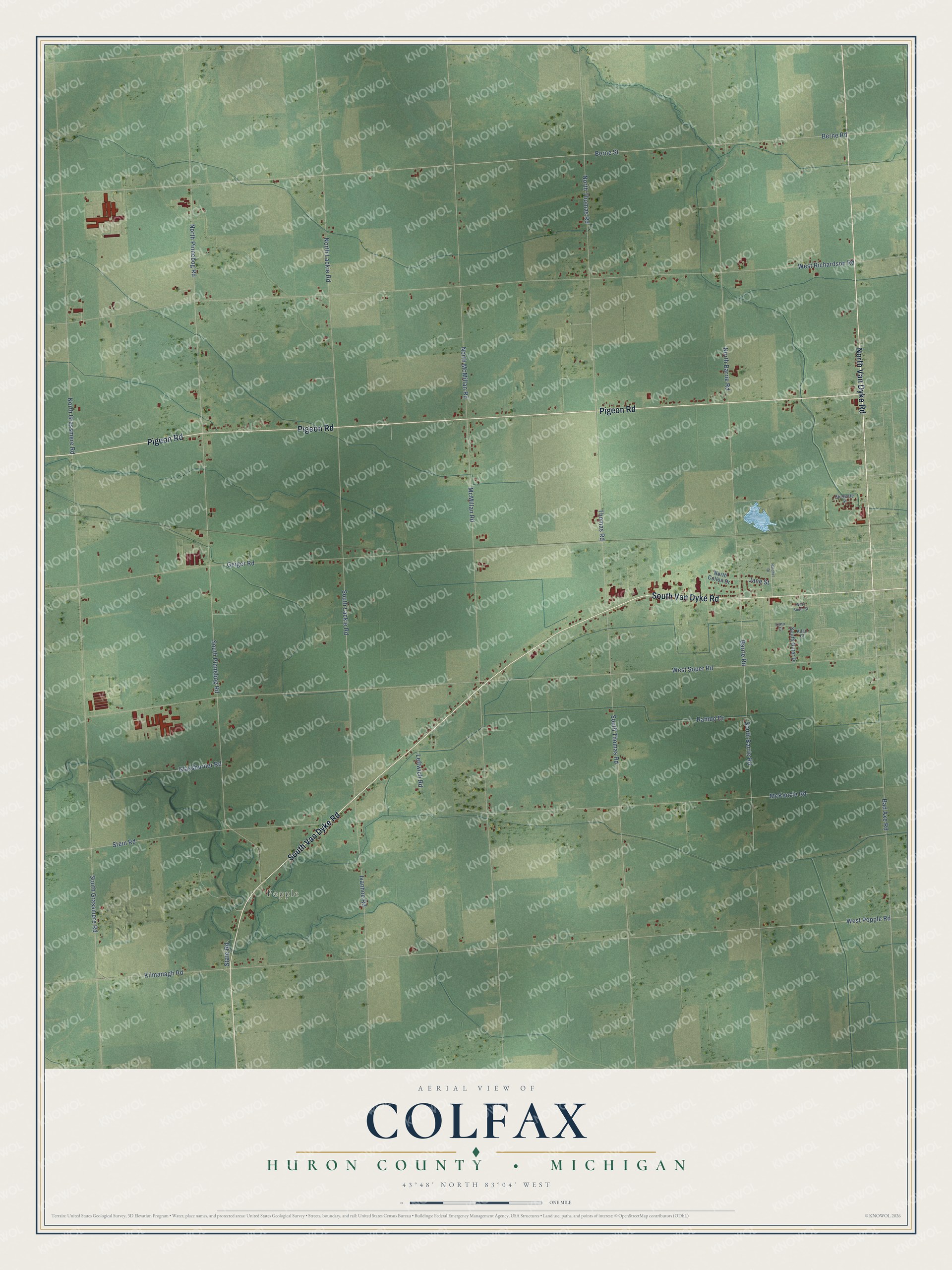 Full map of Colfax, Michigan, with red buildings, printed street names and the land around them
