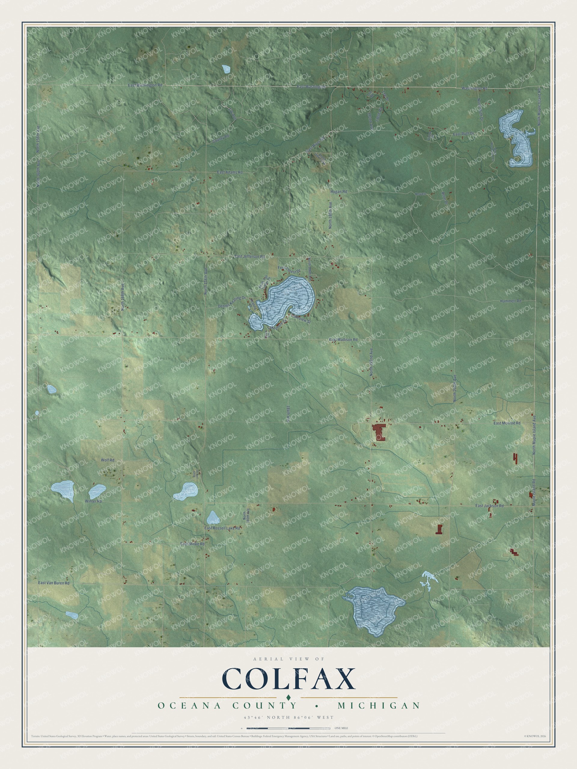 Full map of Colfax, Michigan, with red buildings, printed street names and the land around them