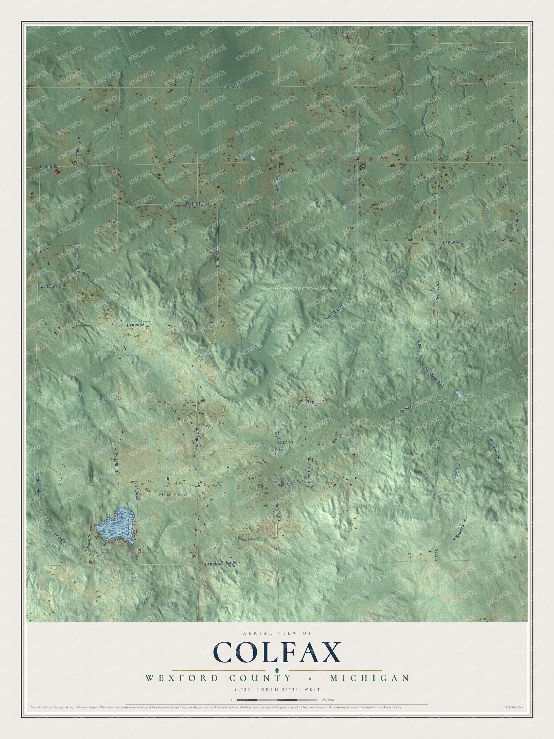 Full map of Colfax, Michigan, with red buildings, printed street names and the land around them
