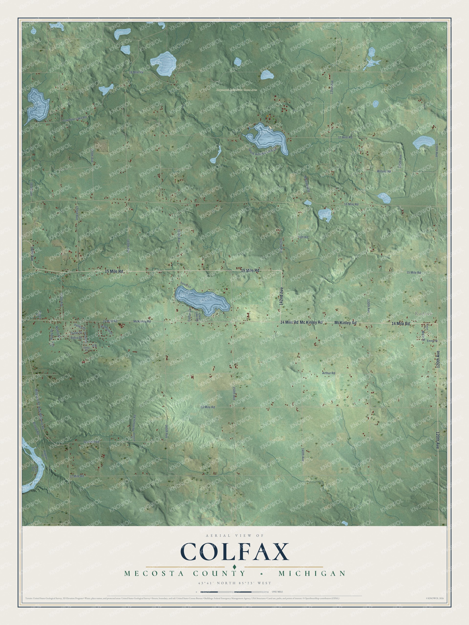 Full map of Colfax, Michigan, with red buildings, printed street names and the land around them