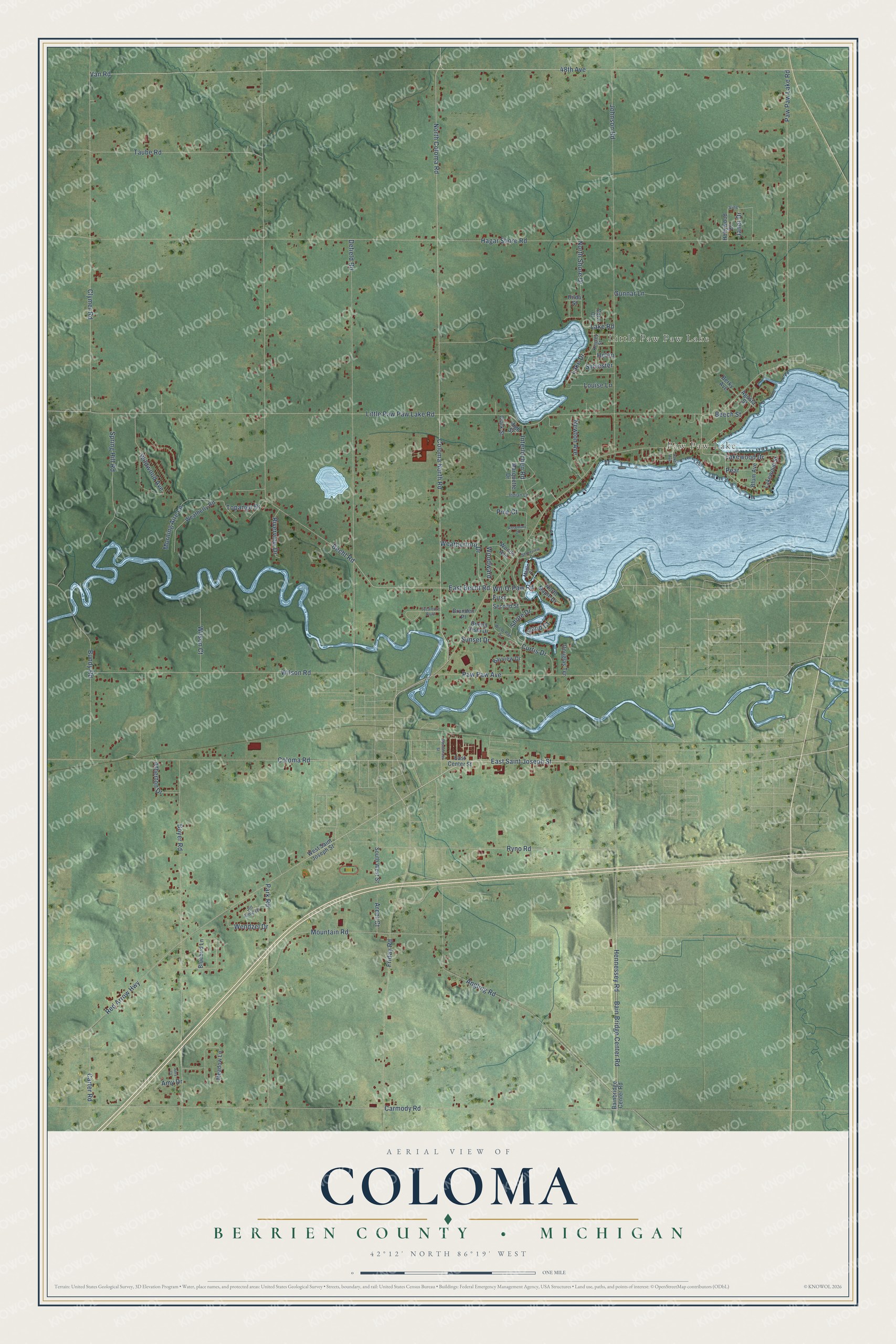 Full map of Coloma, Michigan, with red buildings, printed street names and the land around them