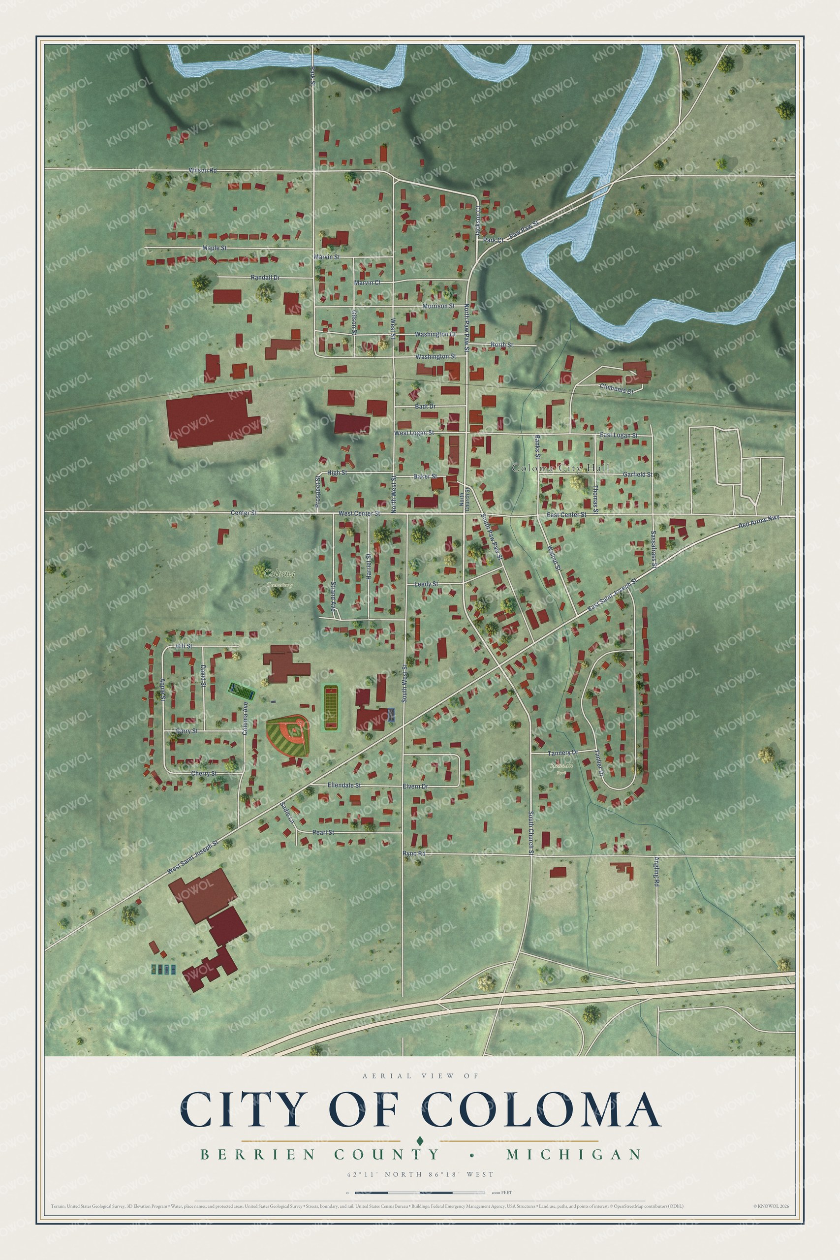 Full map of Coloma, Michigan, with red buildings, printed street names and the land around them