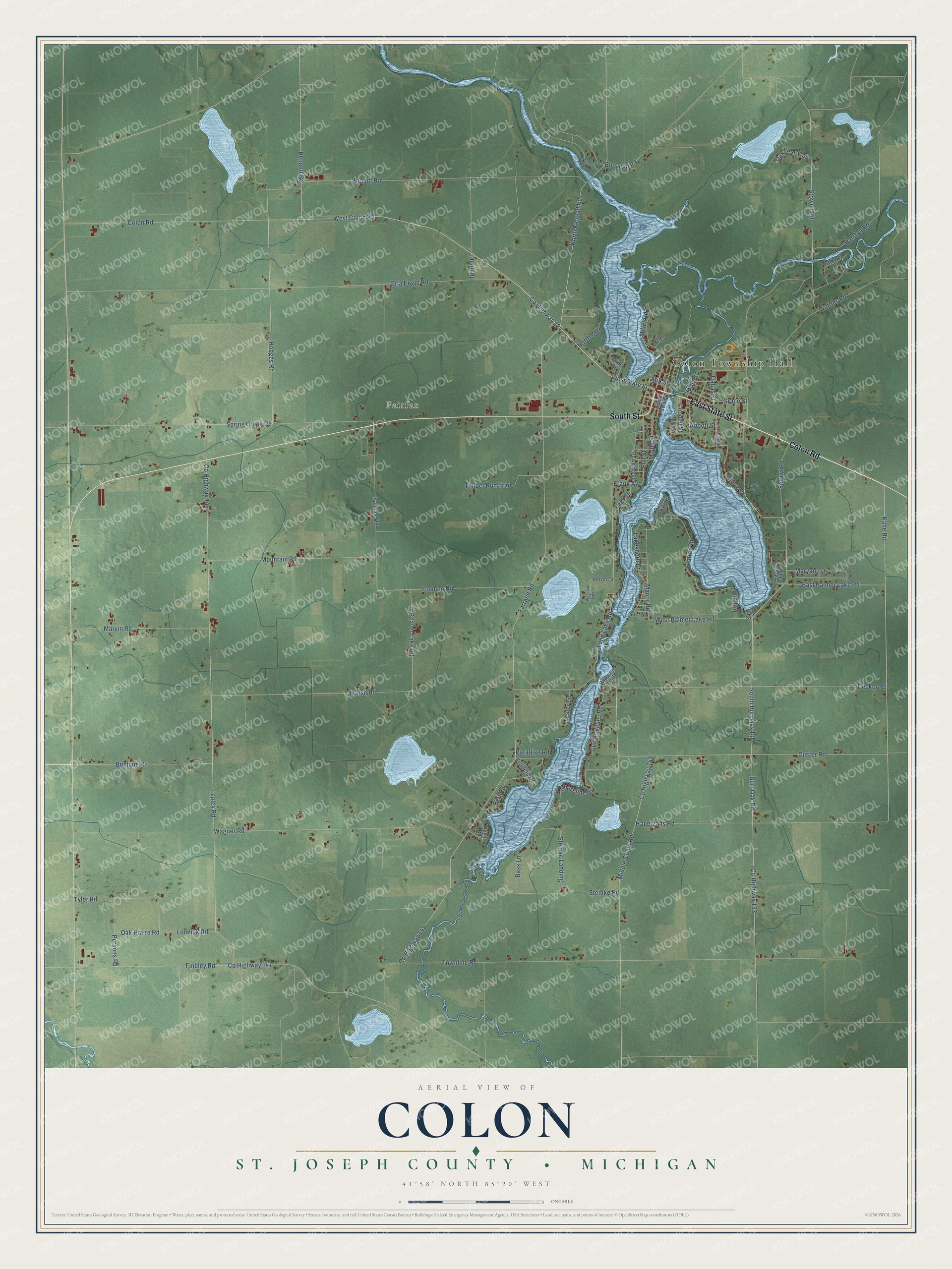 Full map of Colon, Michigan, with red buildings, printed street names and the land around them