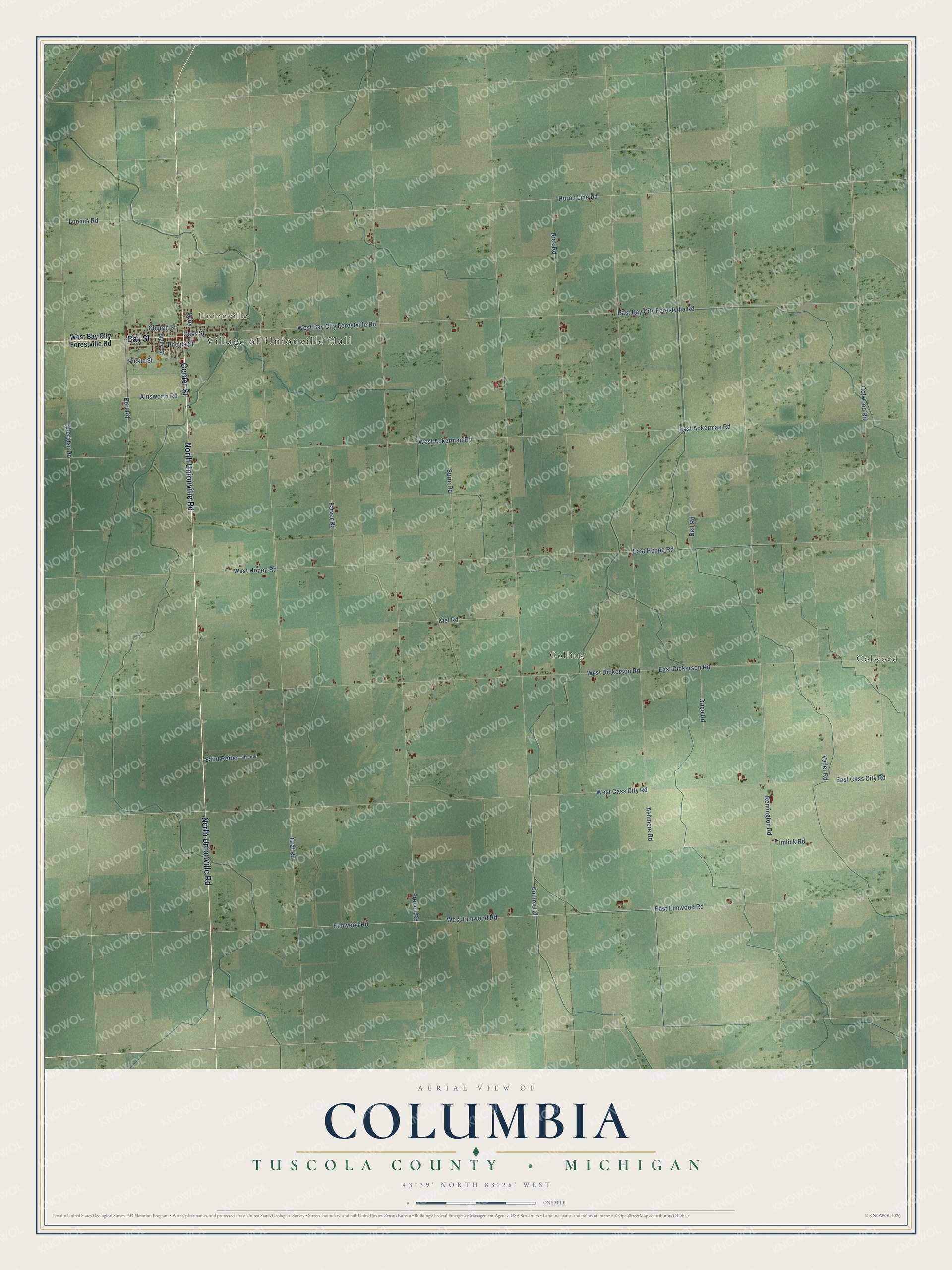 Full map of Columbia, Michigan, with red buildings, printed street names and the land around them
