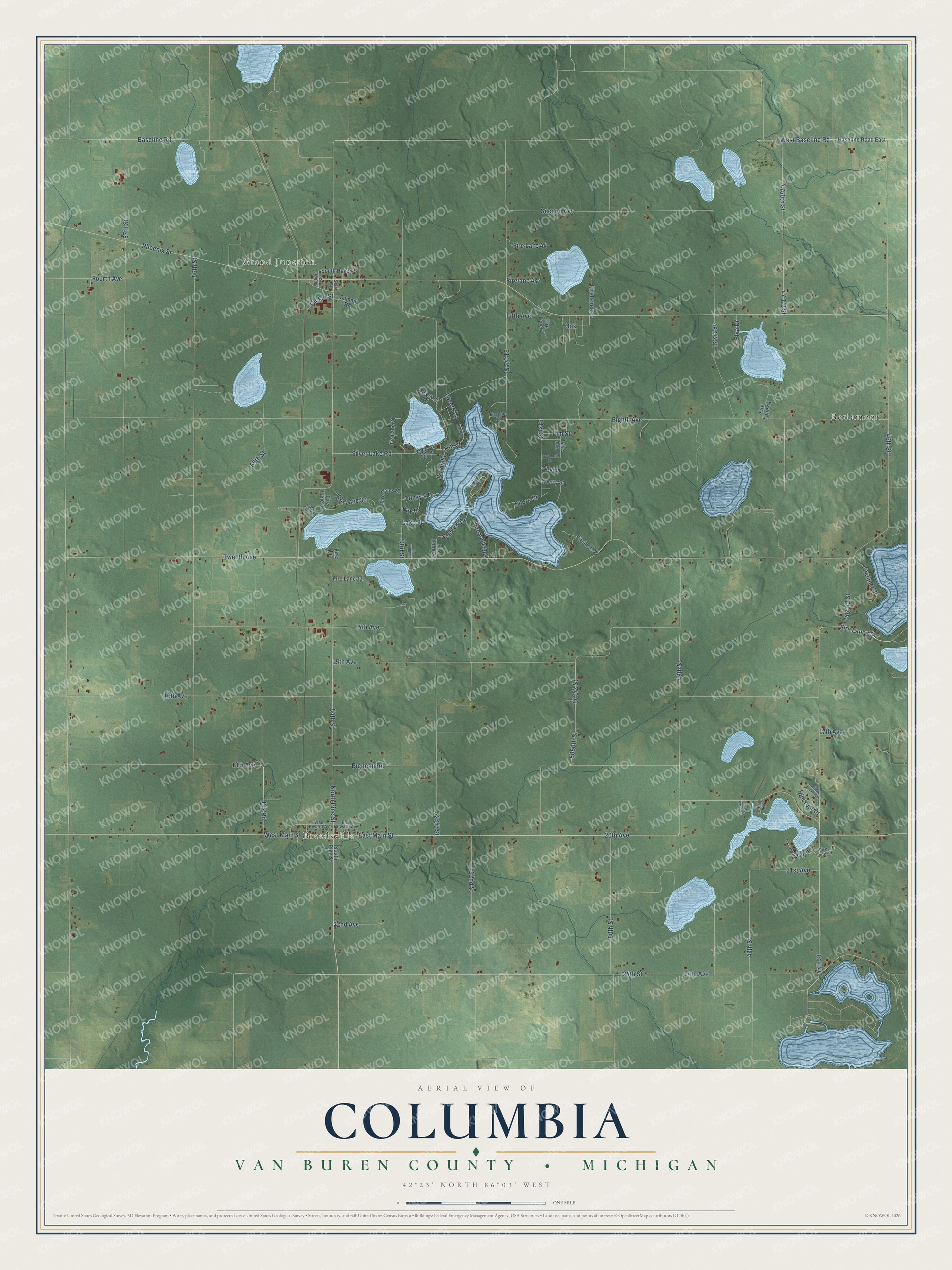 Full map of Columbia, Michigan, with red buildings, printed street names and the land around them